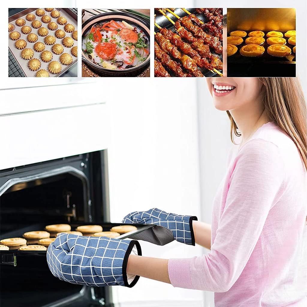 Oven Gloves, Silicone Oven Gloves, Cotton Lining and Non-Slip Surface, Square Stitched Heat Resistant Gloves for Kitchen, Baking, Grilling（Blue）