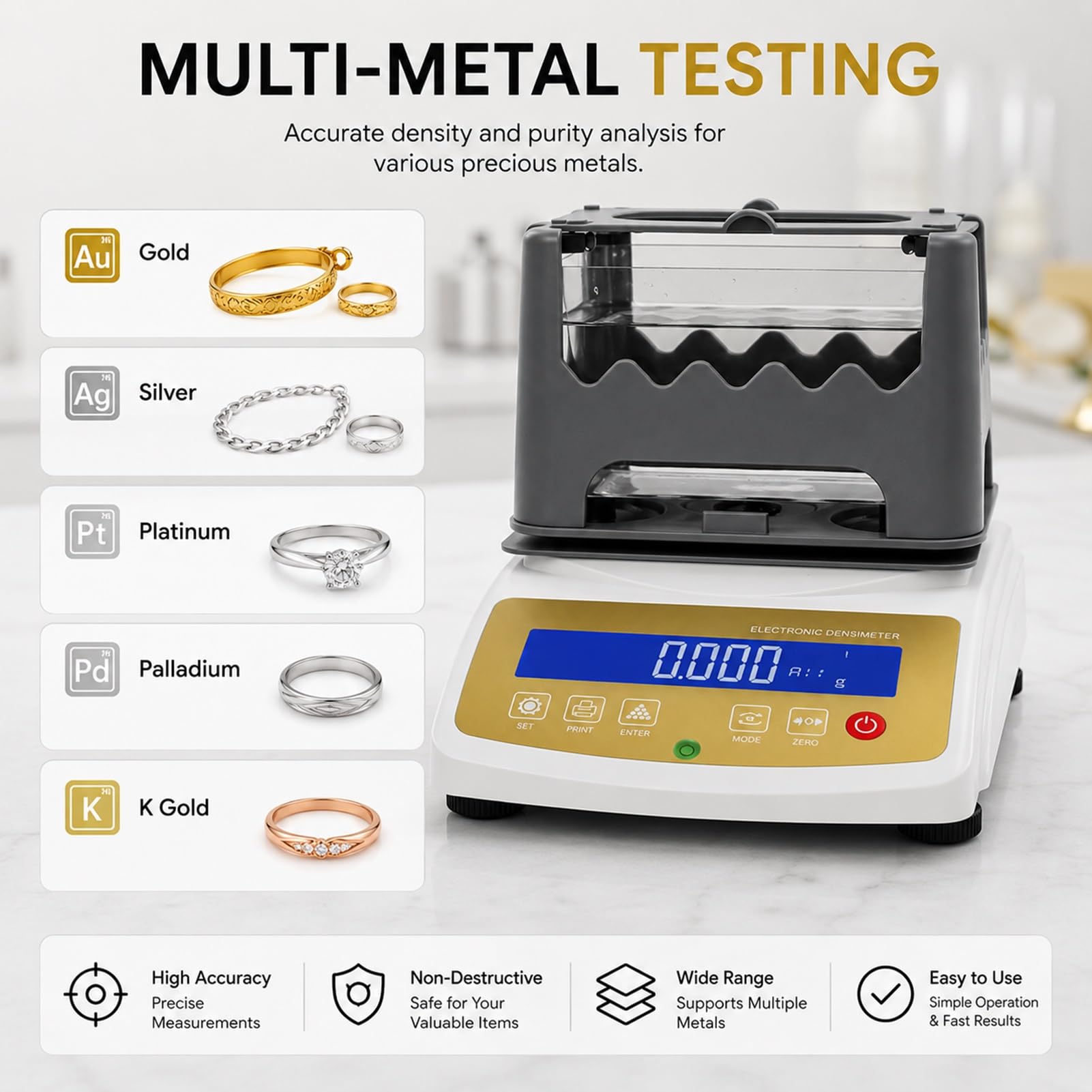 0.001g/cm3 Gęstościomierz Precyzyjny-Tester Złota Cyfrowy do Laboratorium,Analizator Karatowy Metali Szlachetnych z Czujnikiem HBM Ważenie 0.01g dla Srebra Platyny(MDJ-300K)