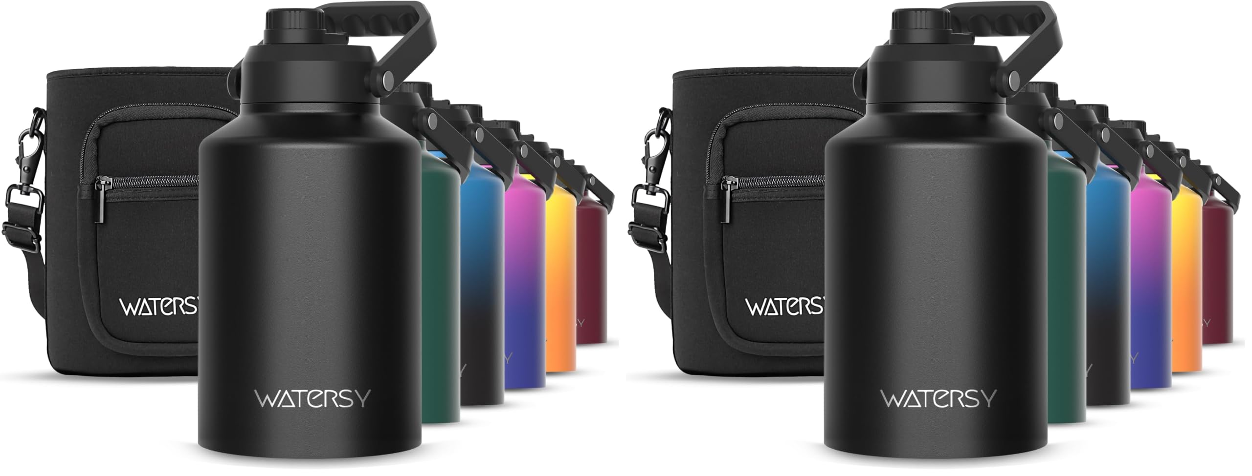 WATERSY 1 Gallon Water Bottle Insulated(Cold for 48 Hrs),BPA Free&amp;Leak Proof,128oz Stainless Steel Water Jug with Handle for Gym,Hiking,Camping&amp;Travel,Black Large Thermo (Pack of 2)