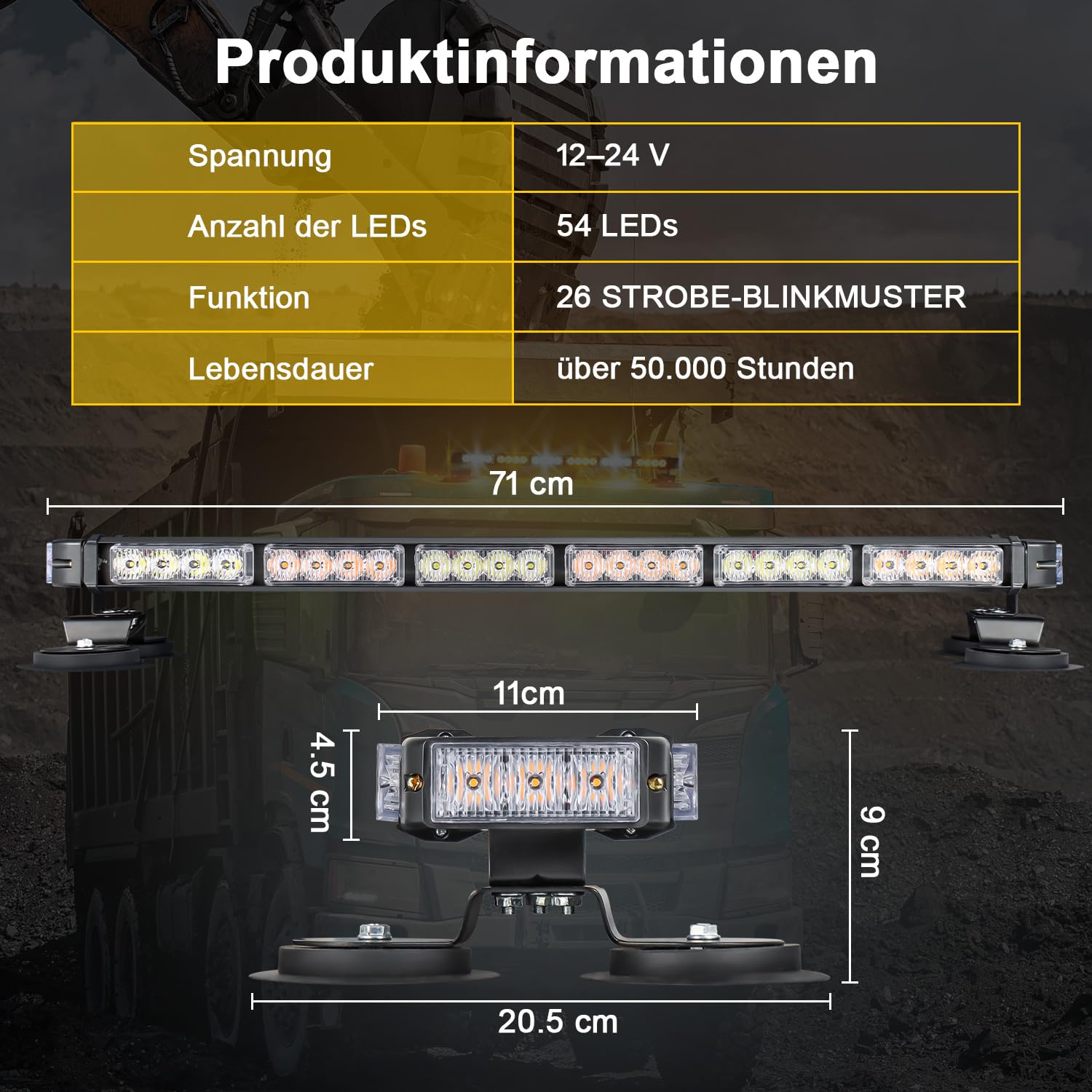 71 cm migająca LED, 12 V-24 V LED żółta i biała dioda ostrzegawcza, migające światła z 20 solidnymi magnesami magnetycznymi do ciągnika z wózkiem widłowym, pojazdy budowlane