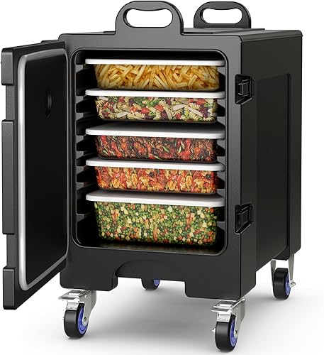 Goplus Caja caliente para catering, 5 sartenes de tamaño completo aisladas para alimentos con capacidad de 81 cuartos de galón, ruedas, asa,