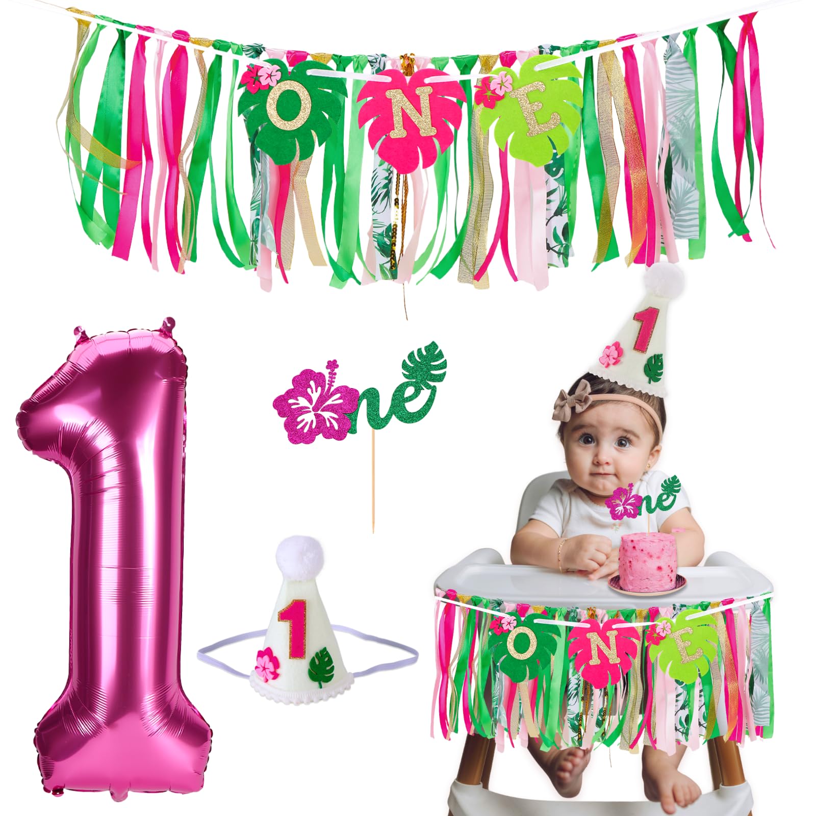 Hawaiian Aloha High Chair Banner for 1st Birthday Party Decoration Tropical Hawaiian Luau One High Chair Tassel Garland Banner for Girls Baby Shower