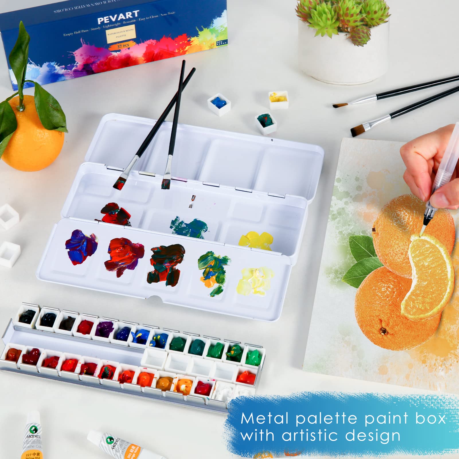Juego de 40 Unidades de 1 Caja de Acuarela vacía Caja de Pintura de Metal, 37 sartenes vacías de Acuarela, para Acuarela, 1 Pincel para depósito de Agua, 1 Bolsa de Almacenamiento