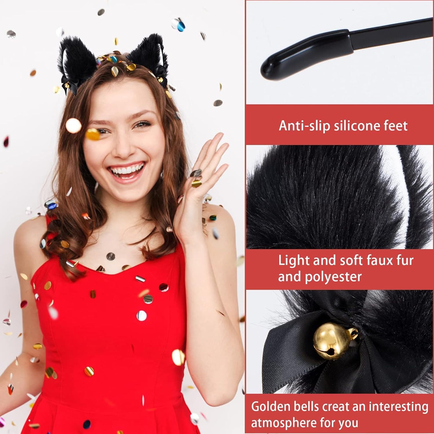 3PCS Cat Cosplay Costume Set, Black Cat Ears Headband with Bells, Adjustable Tail - Image 2