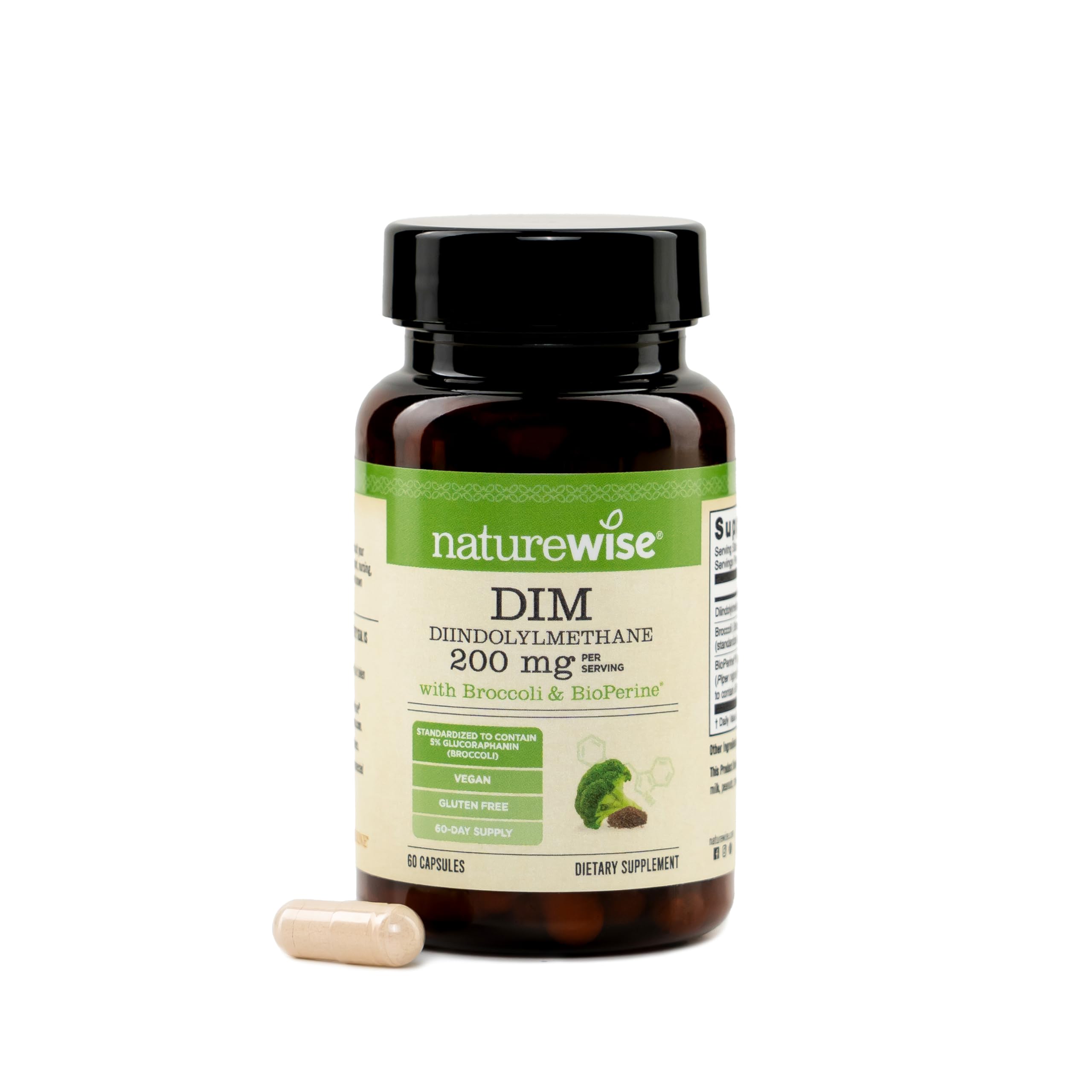 NatureWise DIM Diindolylmethane 200mg - Broccoli & BioPerine Black Pepper Extract - DIM Supplement for Women & Men - Hormone & Estrogen Support - Vegan - USA Ma