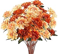 Vista 7 de 6 flores artificiales de otoño, 18 cabezas de seda, flores falsas de crisantemo naranja para el hogar, chimenea, mesa, centros de mesa, arreglos