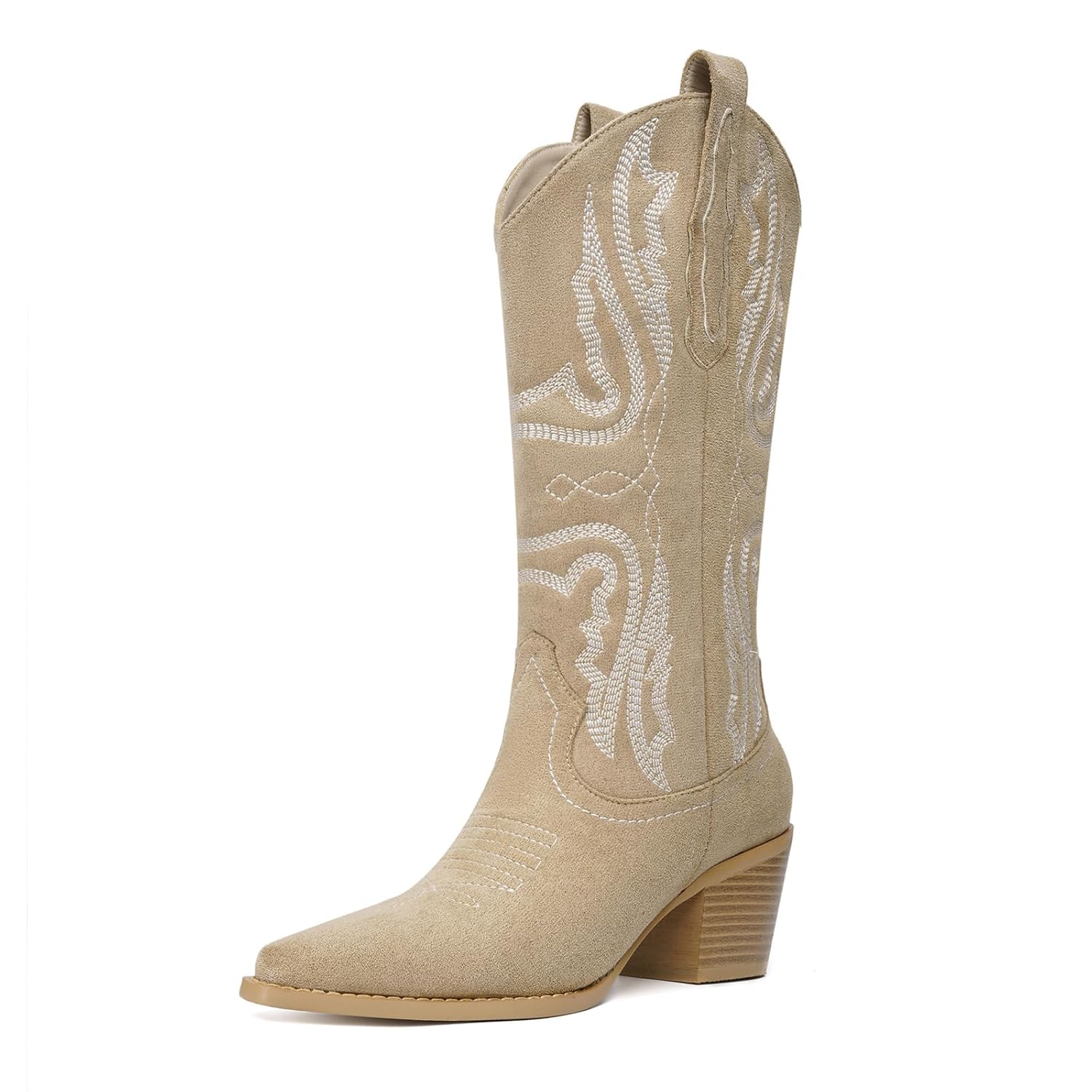 CKSNDLF Womens Cowboy Boots Western Mid-Calf Cowgirl Boots with Classic Embroidered Pointed Toe Block Heel Pull-On Shoes