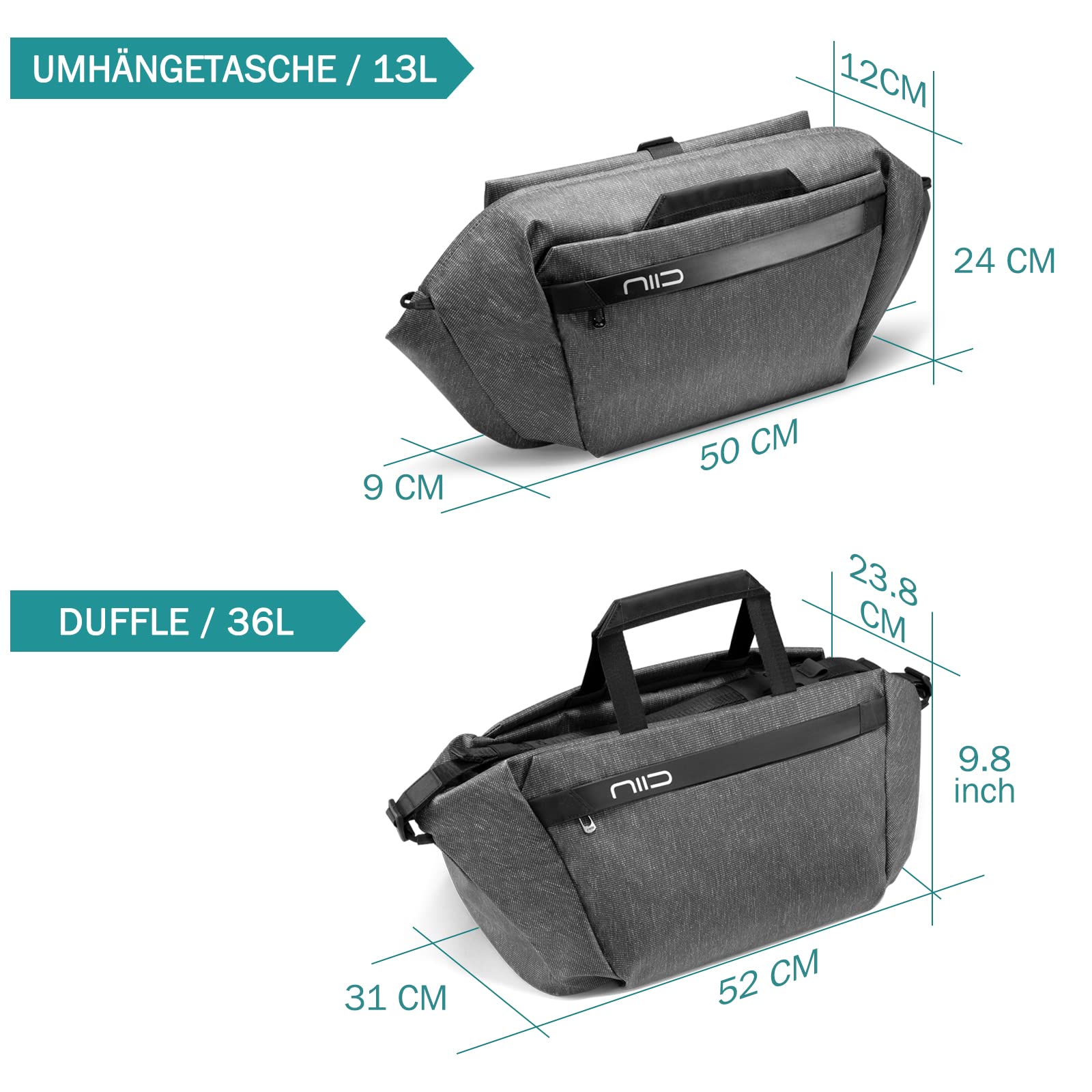 NIID H1 Travel Bag Men's Hybrid Sling Pack Large Sports Bag for Travel Weekender Duffel Travel Camping Bag 13 ~ 36 Litres Grey, gray - Image 2