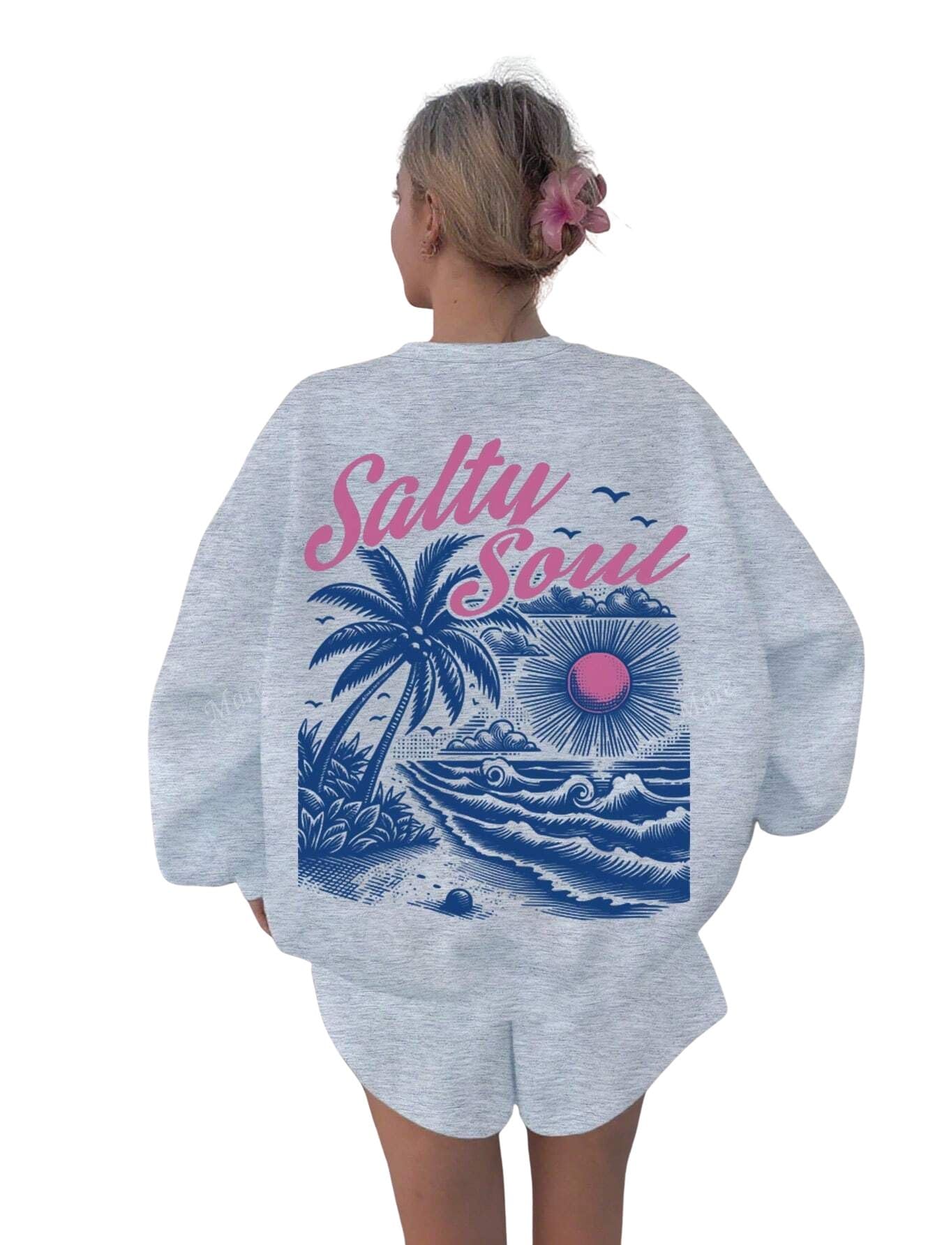 sxv style Salty Soul Sunset Palm Tree Graphic Oversized Crew Neck Long Sleeve Casual Hoodie for Women, Back to School-picture-30
