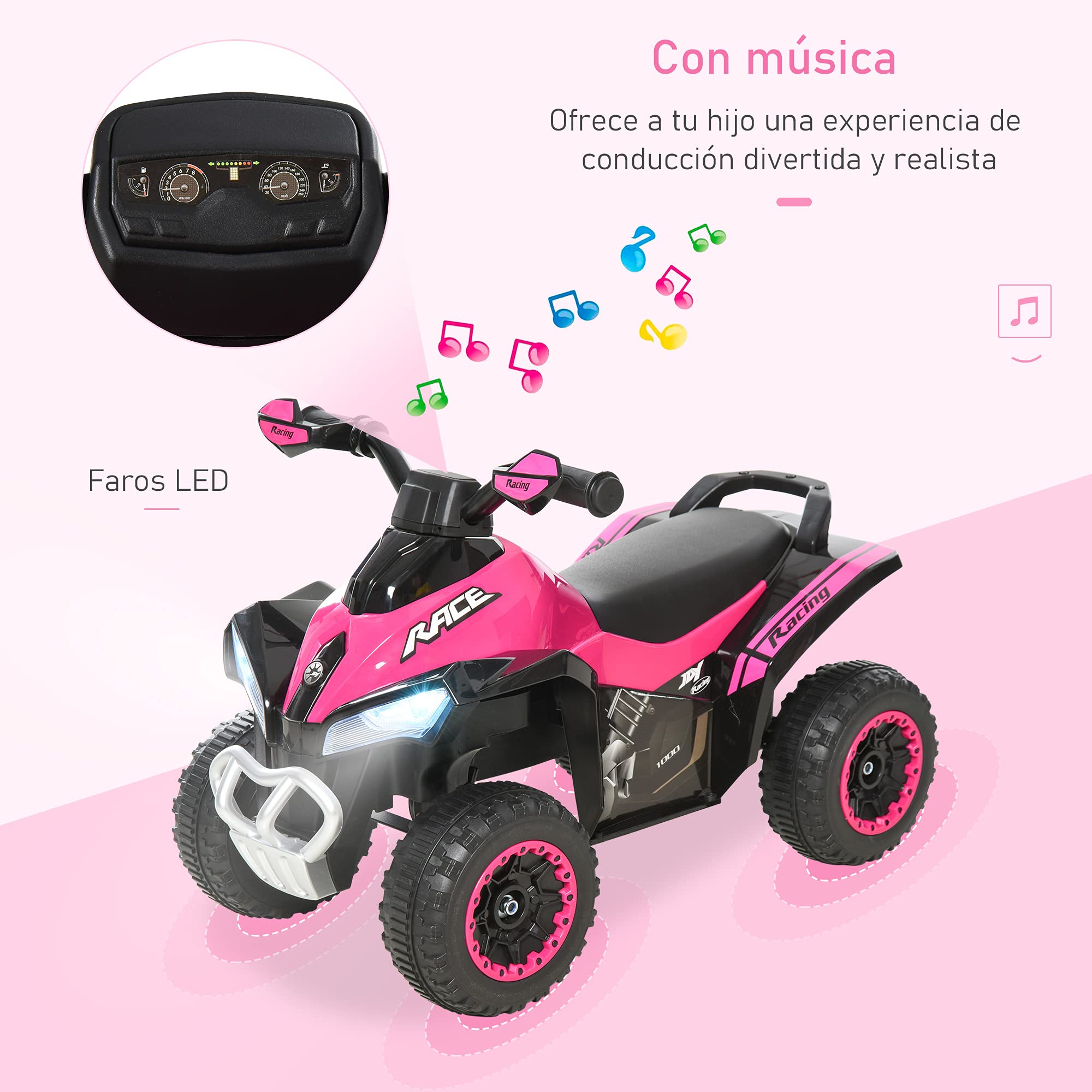 HOMCOM Quad Correpasillos Coche Correpasillos para Niños de 18-36 Meses con Función de Luces y Música Soporta hasta 20 kg 67,5x38x44 cm Rosa