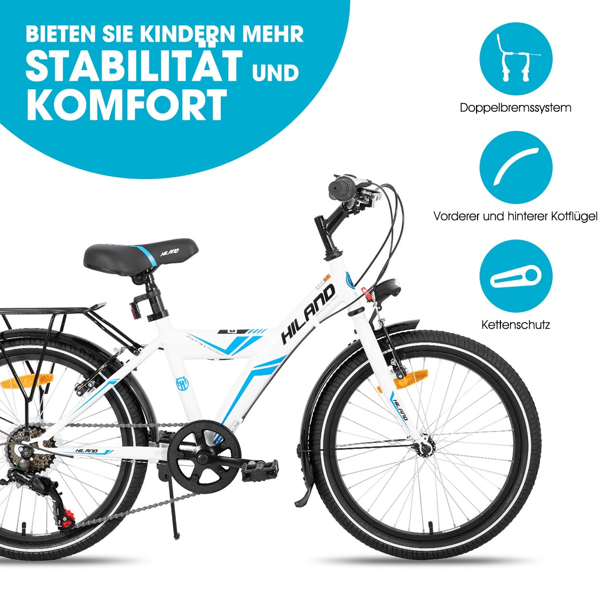 Hiland rower dziecięcy 24" dla chłopców i dziewczynek, rower dla dzieci od 7, 8, 9, 10, 11, 12 lat, z 6 biegami biegów, ze stojakiem, czarny/biały