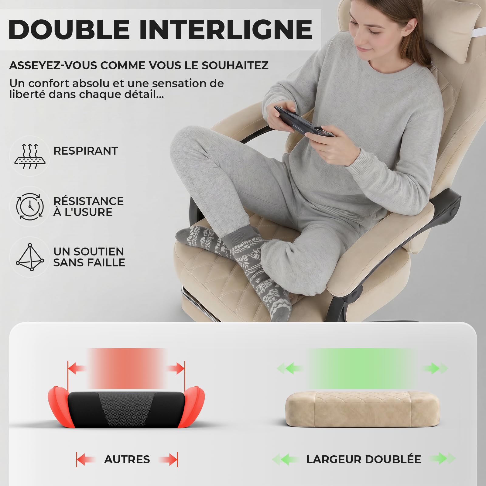 Fauteuil de Jeu, Fauteuil d'ordinateur, Ergonomique, avec Repose-Pieds, Appui-tête réglable, Soutien Lombaire avec Fonction Massage, Rembourrage Moelleux, capacité de Charge de 150kg Beige