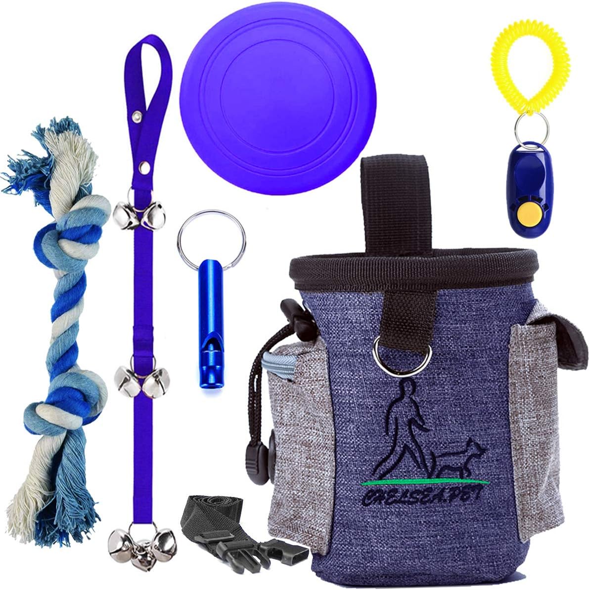 Dog Training Kit,Dog Treat Pouch,Puppy Training Treats Pouch with Metal Clip Shoulder Strap,Poop Bags for Dogs,Dog Poop Bag Holder,Dog Clicker,Dog Whistle,Dog Frisbee,for Dog Training & Behavior Aids
