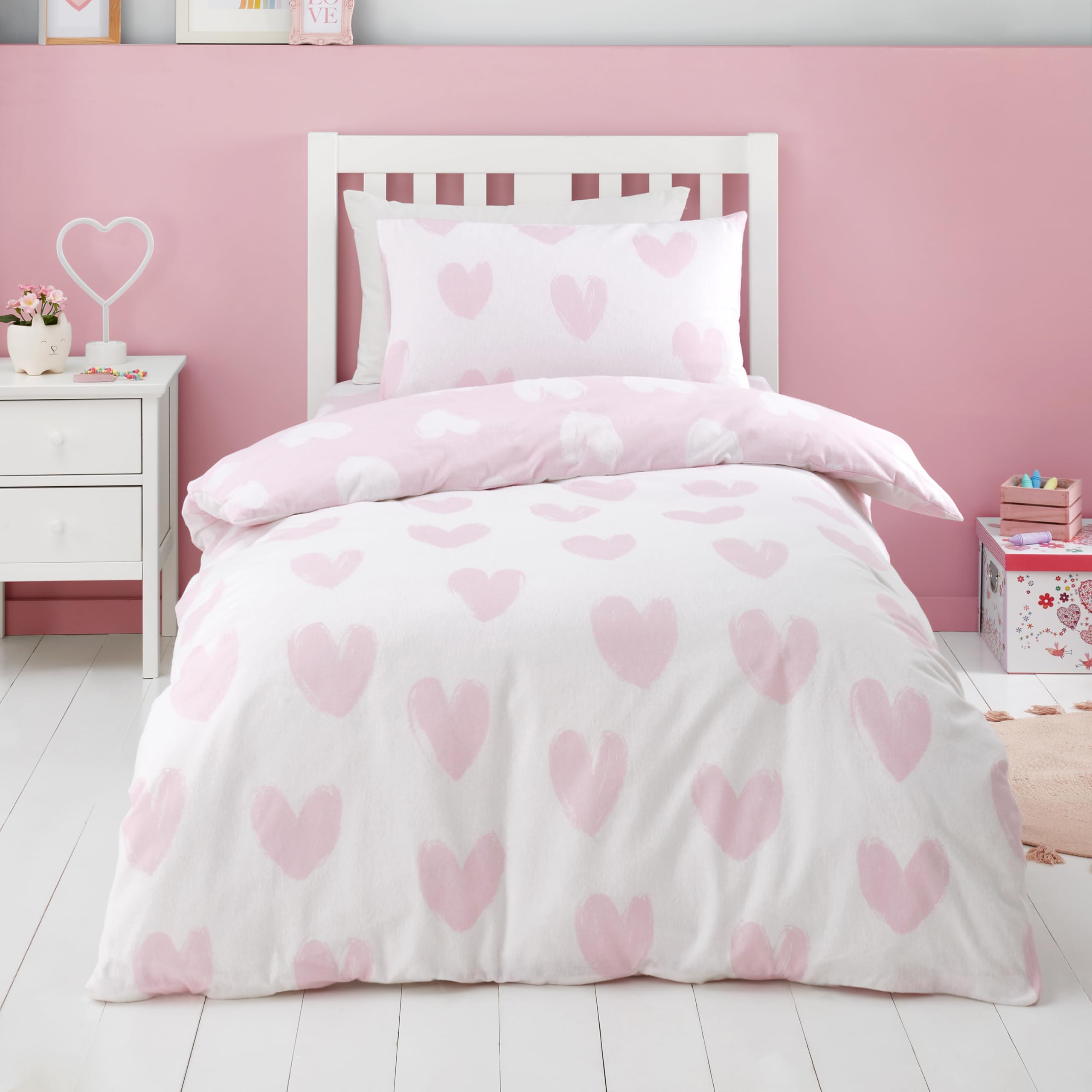 Catherine Lansfield Brushed Cotton Hearts Reversible Junior Duvet Cover Set including Pillowcase Pink - Image 2