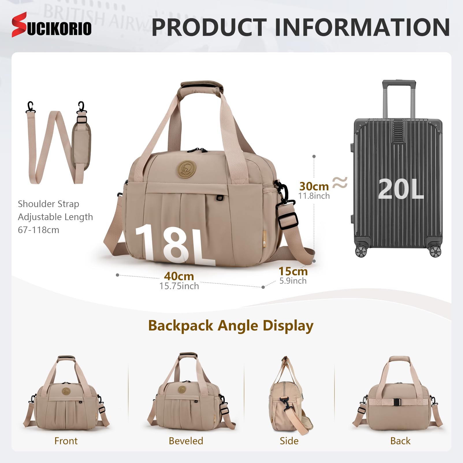 40x30x15cm British Airways Air France Jet 2 Handgepäck Tasche für Flugzeug, Wasserdicht Oxford Reisetasche Faltbar Cabin Bag 18L Carry On Luggage Weekender Damen Herren Mit Nasstasche