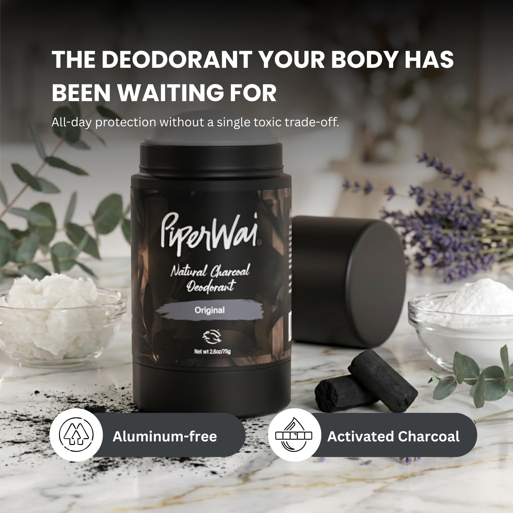 PiperWai Natürliches Deodorant mit Aktivkohle, Geruchsschutz, vegan, aluminiumfrei, Hai-Tank-Produkt für Damen und Herren, ideal für Reisen und Geschenke, 50 g Duftstäbchen, 2 Stück