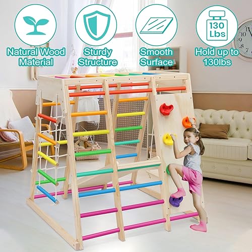 Miniatura 6 de EDOSTORY 7 en 1 Pikler - Juego de gimnasio para interiores, escalador Montessori de madera con tobogán, pared de escalada en roca, barras de mono,