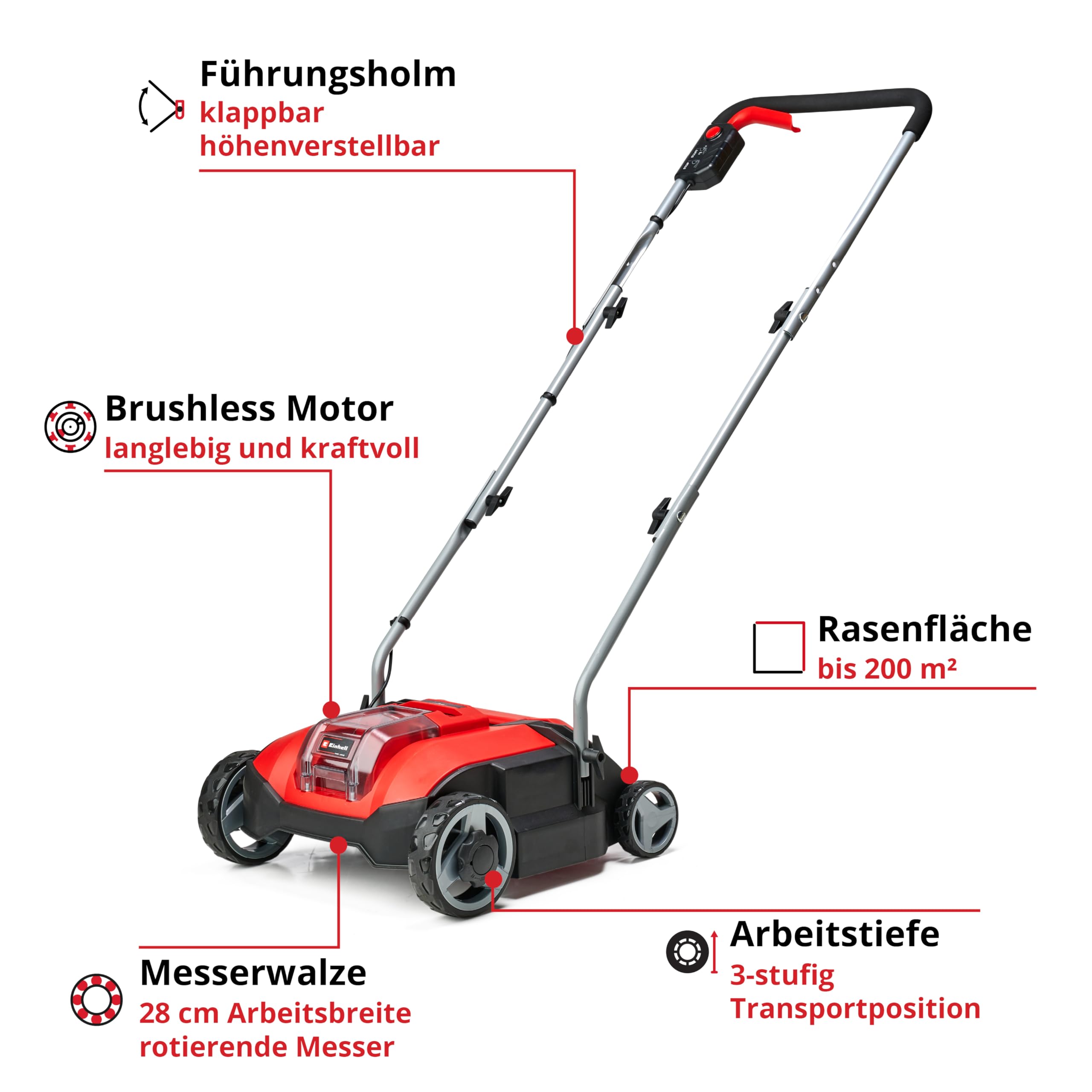 Einhell Akku-Vertikutierer GC-SC 18/28 Li (1x 4,0 Ah) Power X-Change (18 V, Brushless, 28 cm Messerwalze, 3-stufige Arbeitstiefeneinstellung, inkl. 1x 4,0 Ah Akku & Ladegerät)