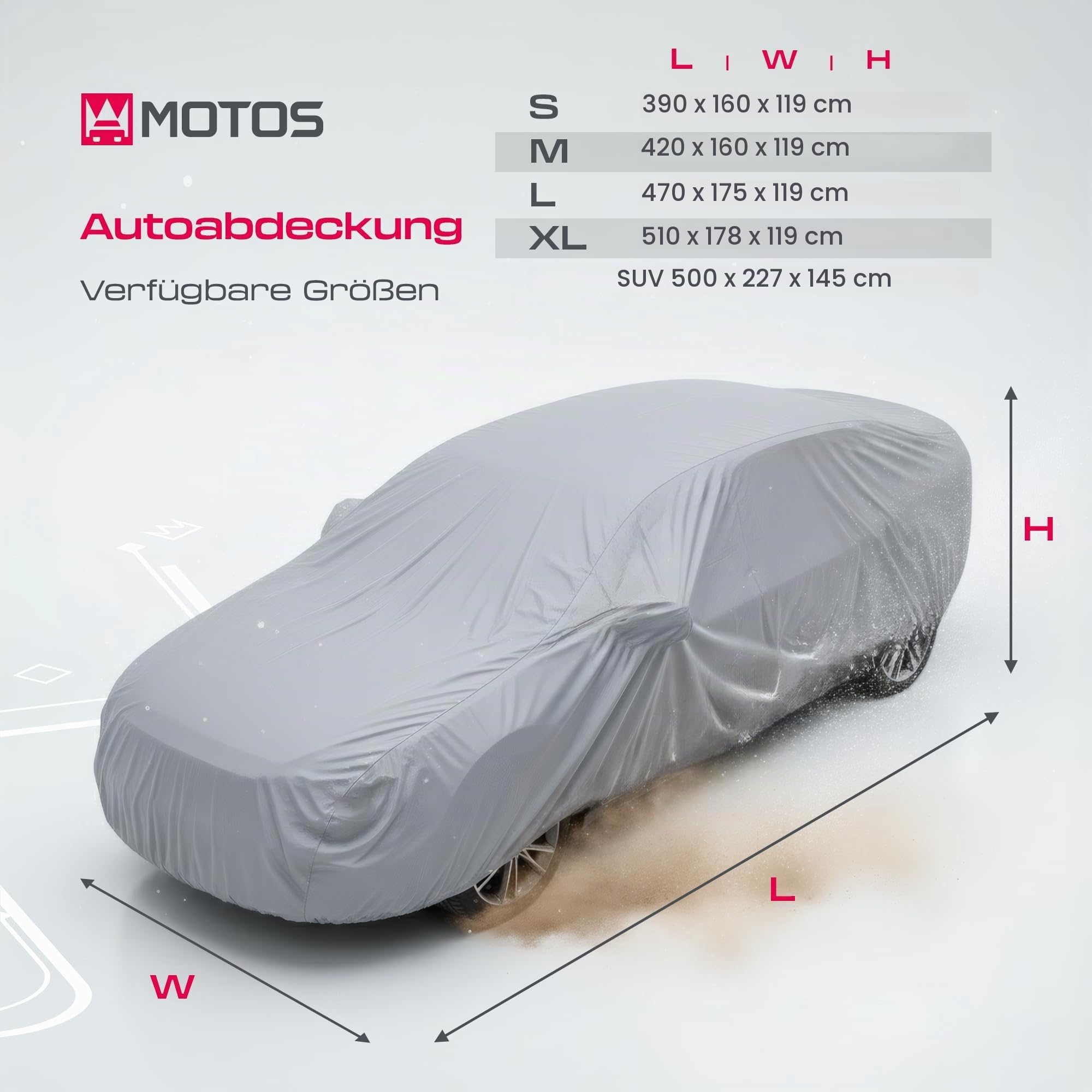 MOTOS Auto Abdeckplane Größe XL – 510 x 178 x 119 cm, Autogarage Abdeckung, Ganzjähriger Hagelschutzplane Auto, 100% Wasserdicht, UV- und Temperaturbeständig, Einfach zu Reinigen, Inkl. Tasche