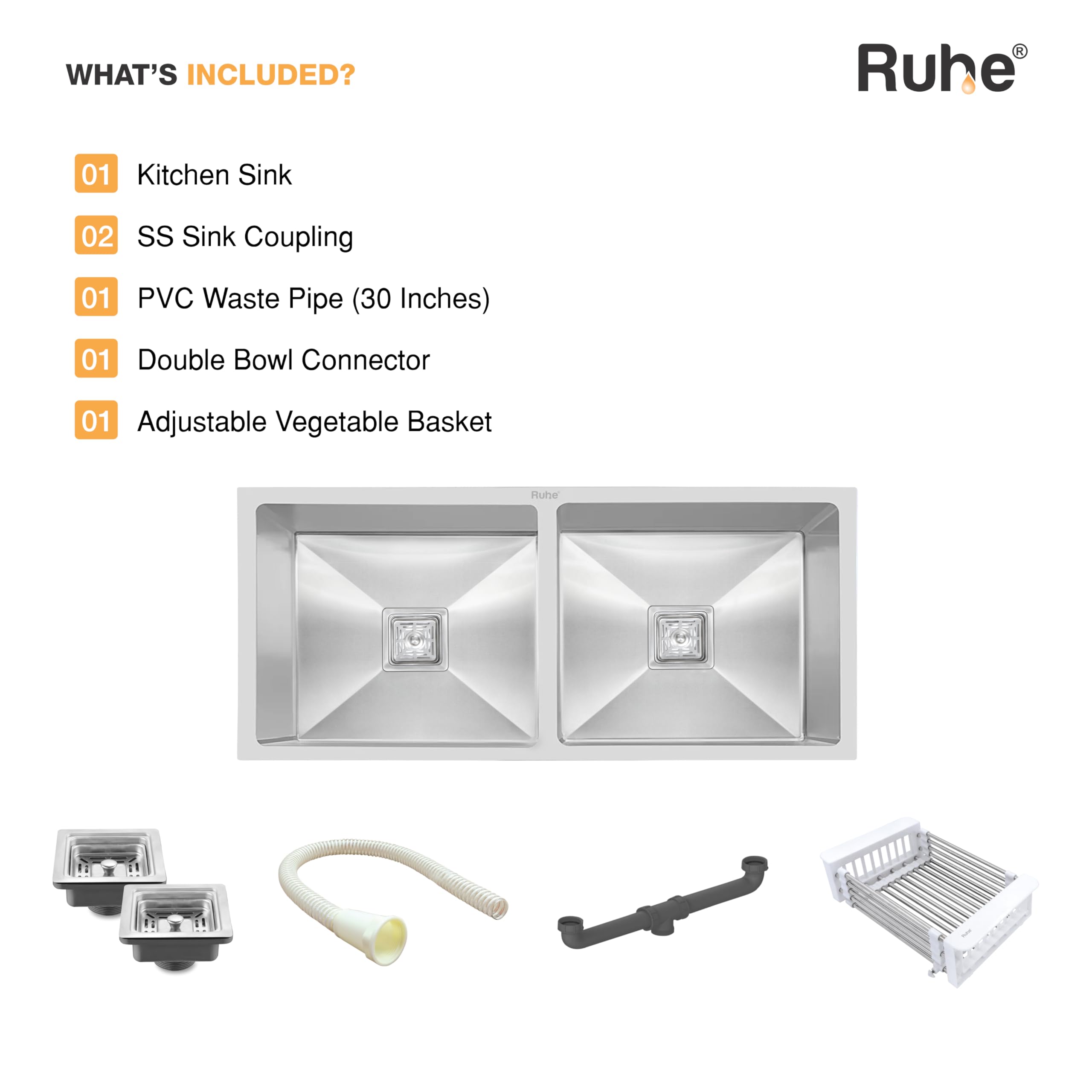 Ruhe Double Bowl Stainless Steel Kitchen Sink - Handmade & Durable -7