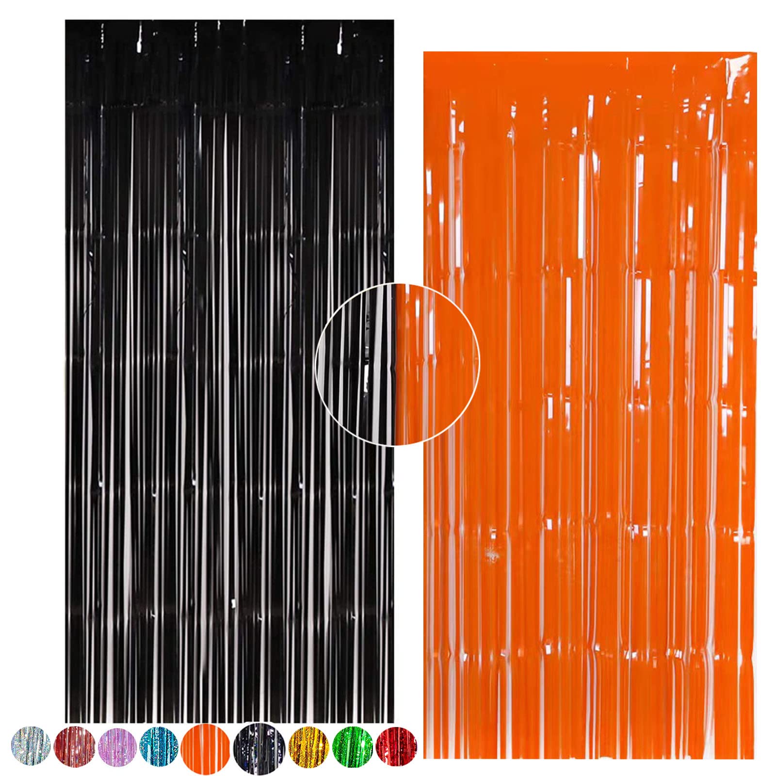 Photo 1 of PMZZID 2 Pack 3.2 ft x 8.2 ft Foil Fringe Curtains Party Decorations, Tinsel Foil Fringe Curtains Metallic Photo Booth Backdrops Party for Birthday Wedding Halloween Baby Shower Party -Orange+Black