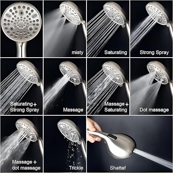 High Pressure 10 Mode Handheld Shower Head - Anti Clogging Nozzles, Built-in Power Wash, Cleans Bathtubs, Tiles and Pets, Extra Long Hose + Stand, Shower Set