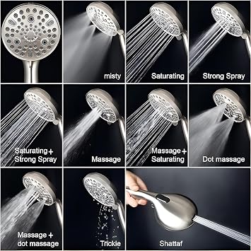 High Pressure 10 Mode Handheld Shower Head - Anti Clogging Nozzles, Built-in Power Wash, Cleans Bathtubs, Tiles and Pets, Extra Long Hose + Stand, Shower Set