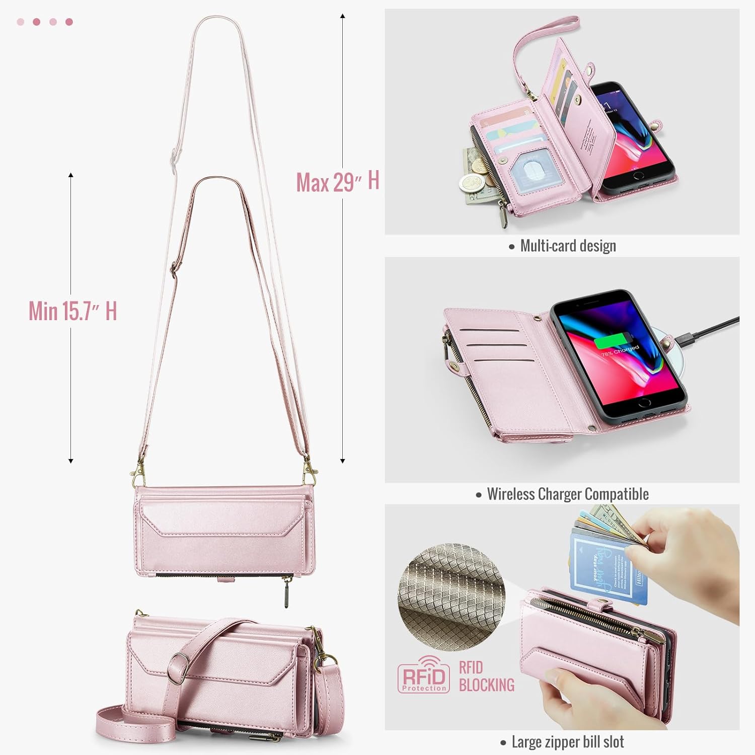 Phone Case for iPhone 6plus 6splus 7plus 8plus i 6/6s/7/8 Plus Zipper Wallet Cover with Screen Protector RFID Blocking Card Holder Cell iPhone6splus i Phone7s 7s 7+ 8s 8+ Phones8 6+ i6 6s+ Rose Gold