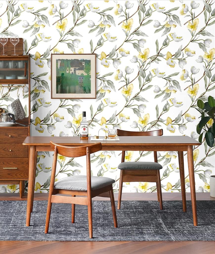 Blooming Wall DPY49 Yellow Goldfinch Magnolia Flowers on Tree Branch Peel and Stick Wallpaper Self Adhesive Wall Mural Wall Decor, 14.5 Square Ft/Roll