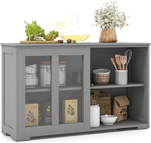 Safeplus Aparador compacto para bufé, versátil armario de almacenamiento de cocina con elegantes puertas corredizas de vidrio, estante ajustable,