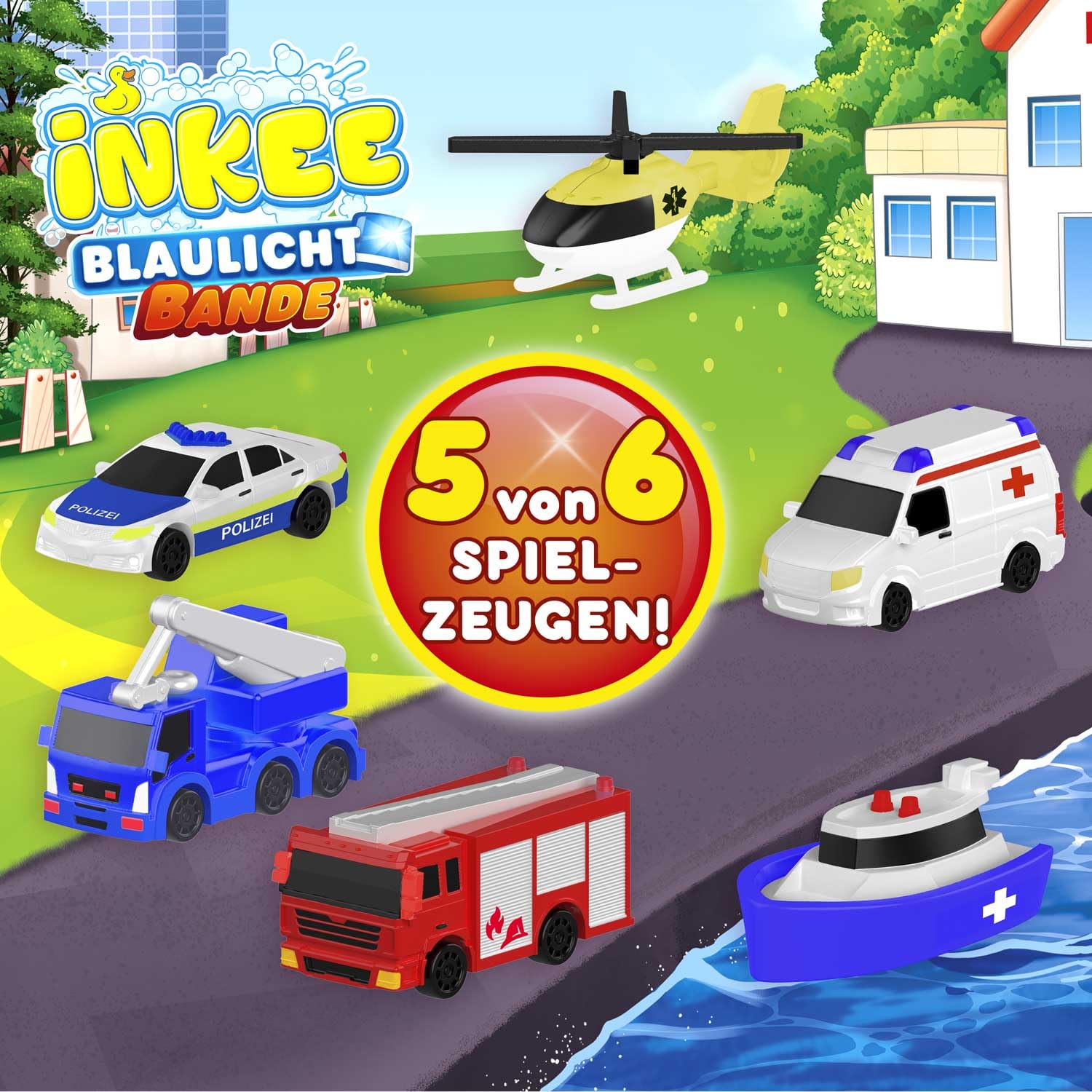 INKEE Rescue Crew Zestaw 5 Sztuk – Bomby do Kąpieli dla Dzieci z Niespodzianką – 5x Kule do Kąpieli z Zabawkowym Pojazdem Ratunkowym – Bomba do Kąpieli z Aromatem Arbuza i Olejem Awokado