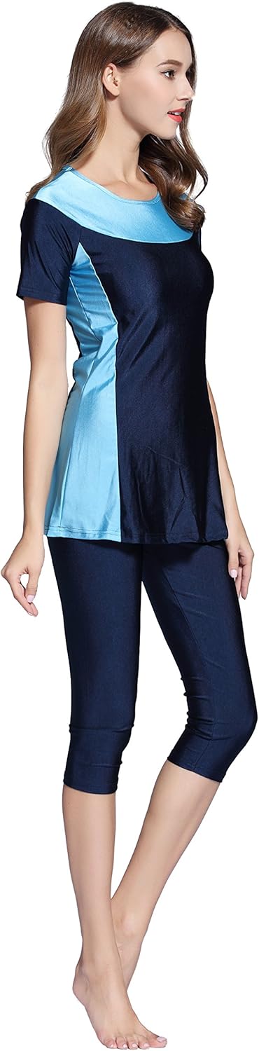 Ababalaya Womens' Color Block Moderate Cover 2 Piece Swimsuit Burkini