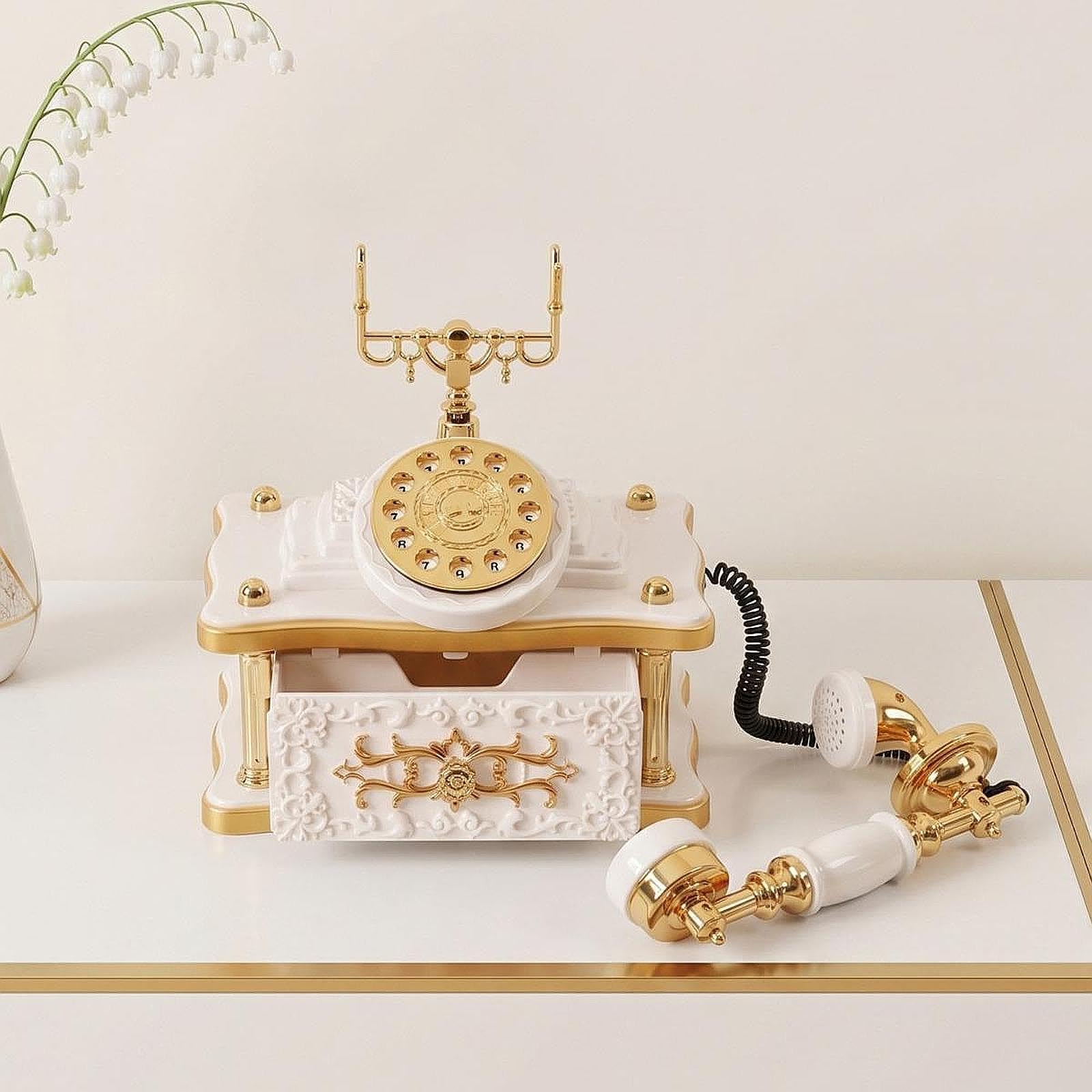 Caja de Música con Forma de Teléfono, Adorno Musical de Escritorio de Polipropileno de, Estilo Europeo, Detalles Giratorios Creativos, Ideal, Blanco, Individual
