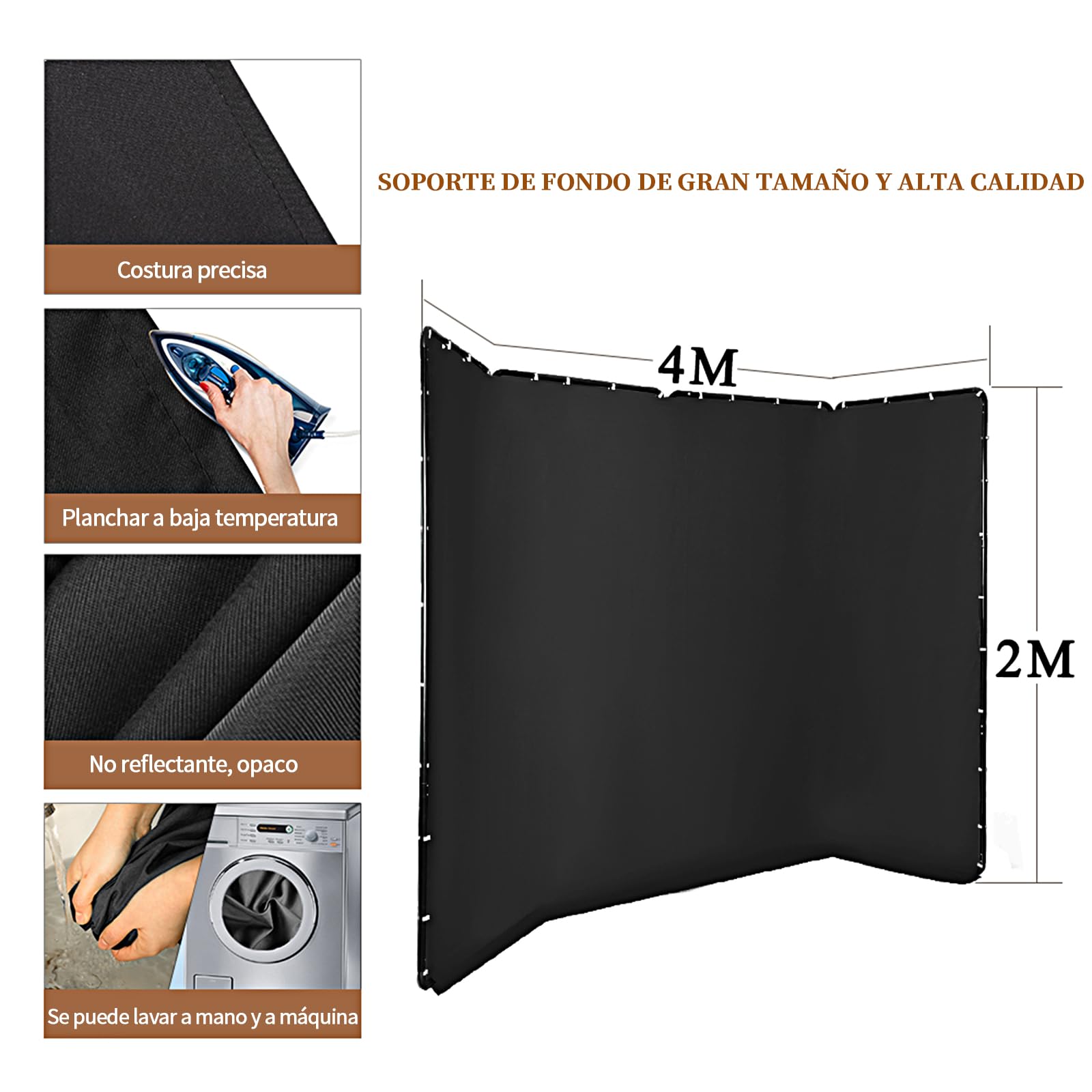 Telón de Fondo Fotográfico Negro de Gran 4m*2.4m, Portátil y Plegable, para Transmisiones en Vivo, Fotografía de Personas, Escenarios de Boda, Estudios de Video y Reuniones Online