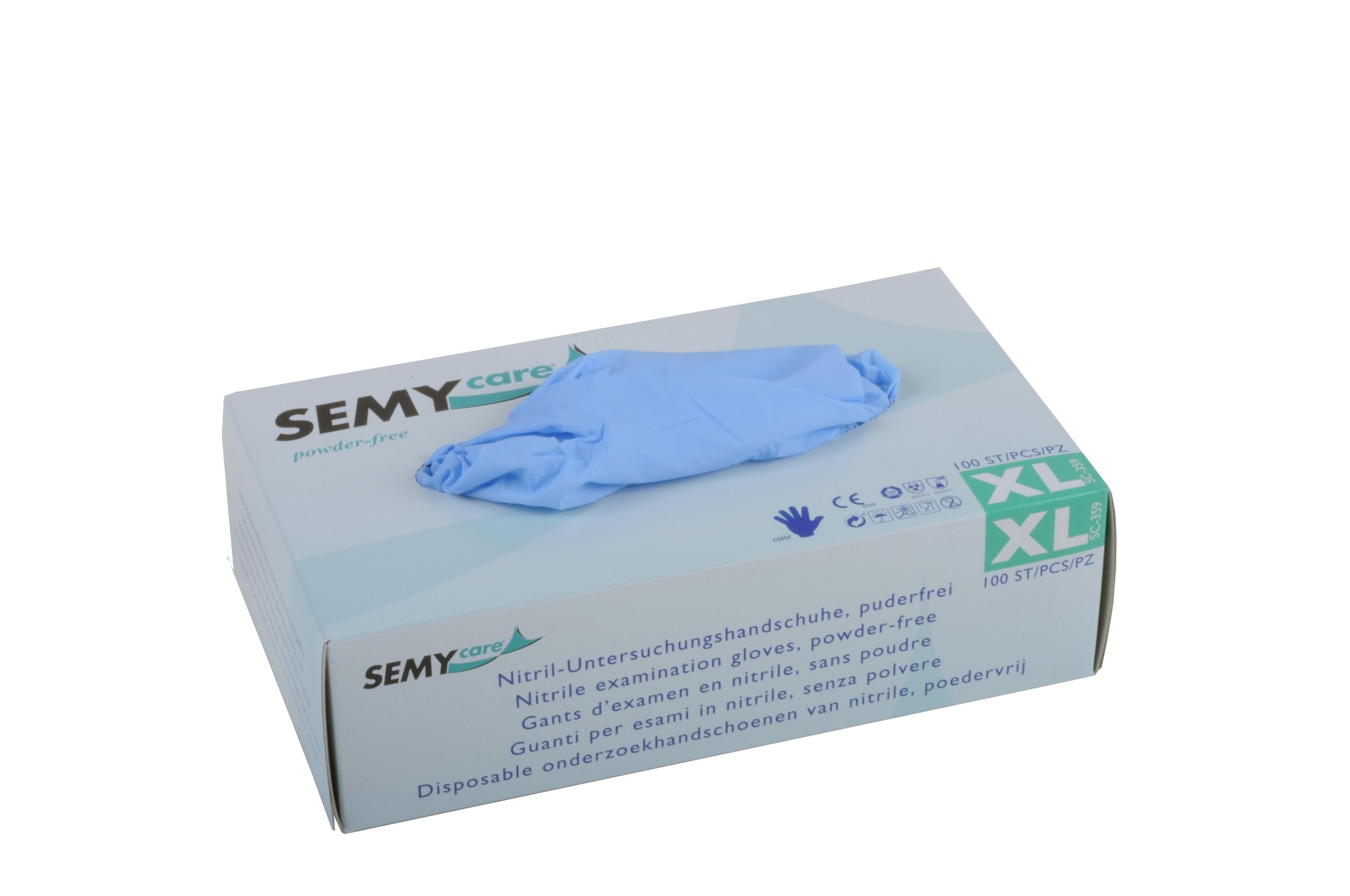 Semy cura senza talco guanti monouso in nitrile, misura XL, a norma AQL 1.5 (10 confezioni da 100 guanti) blu