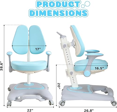 Miniatura 2 de ERIYA Silla de escritorio para niños, silla ergonómica altura ajustable, soporte de respaldo doble, multifuncional para estudiotrabajocomedor, ideal