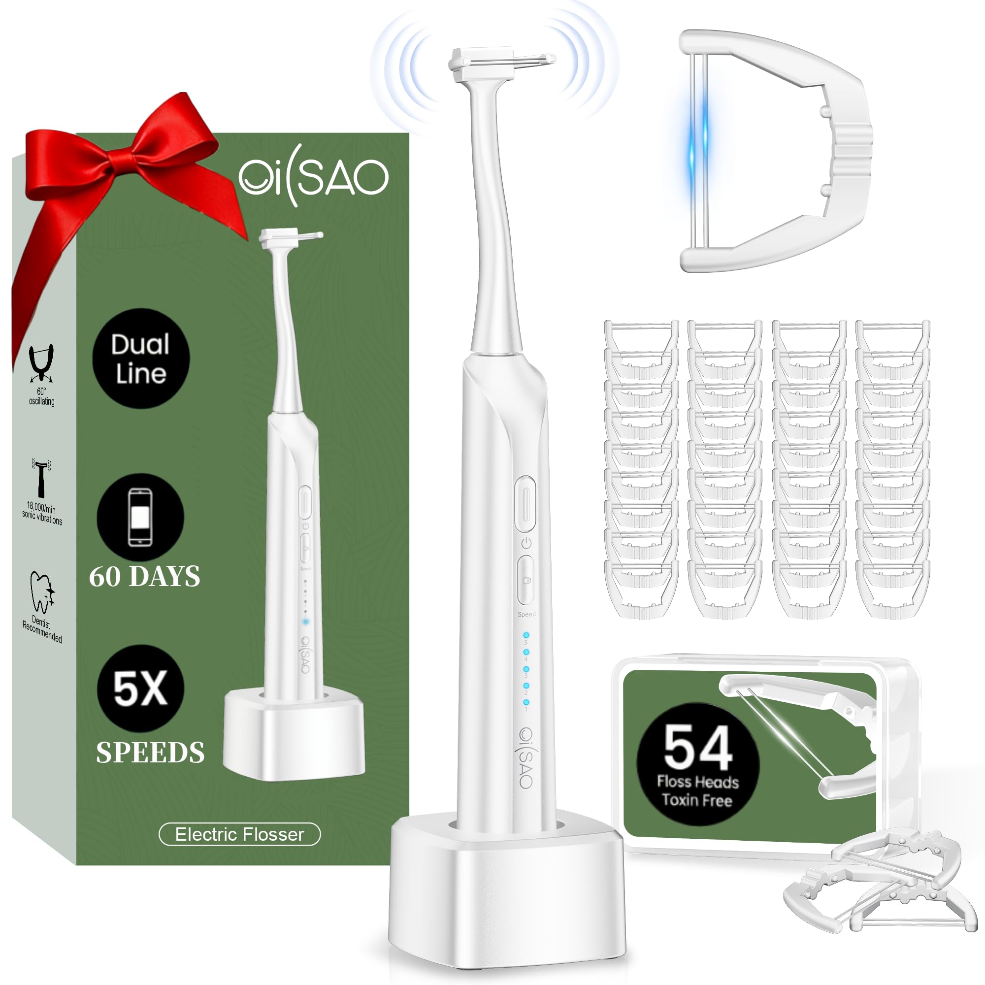 Electric Flosser Exclusive Upgraded Dual-Line 5 Speeds 54 Refill Heads 60 Days Battery Water Flosser Alternative for Sensitive