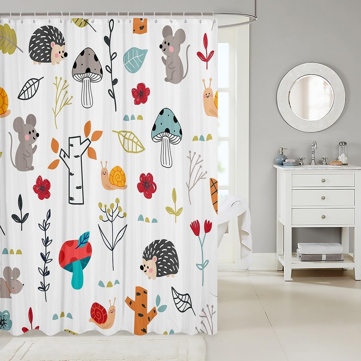 Homewish Cartoon Hedgehog Snail Shower Curtain Cute Mushroom Berry Trees Flowers Bathroom Curtain Kids Boys Girls Teens Room Decor Wild Animals Plants Waterproof Curtains Colorful Nature Bath Curtain image 5