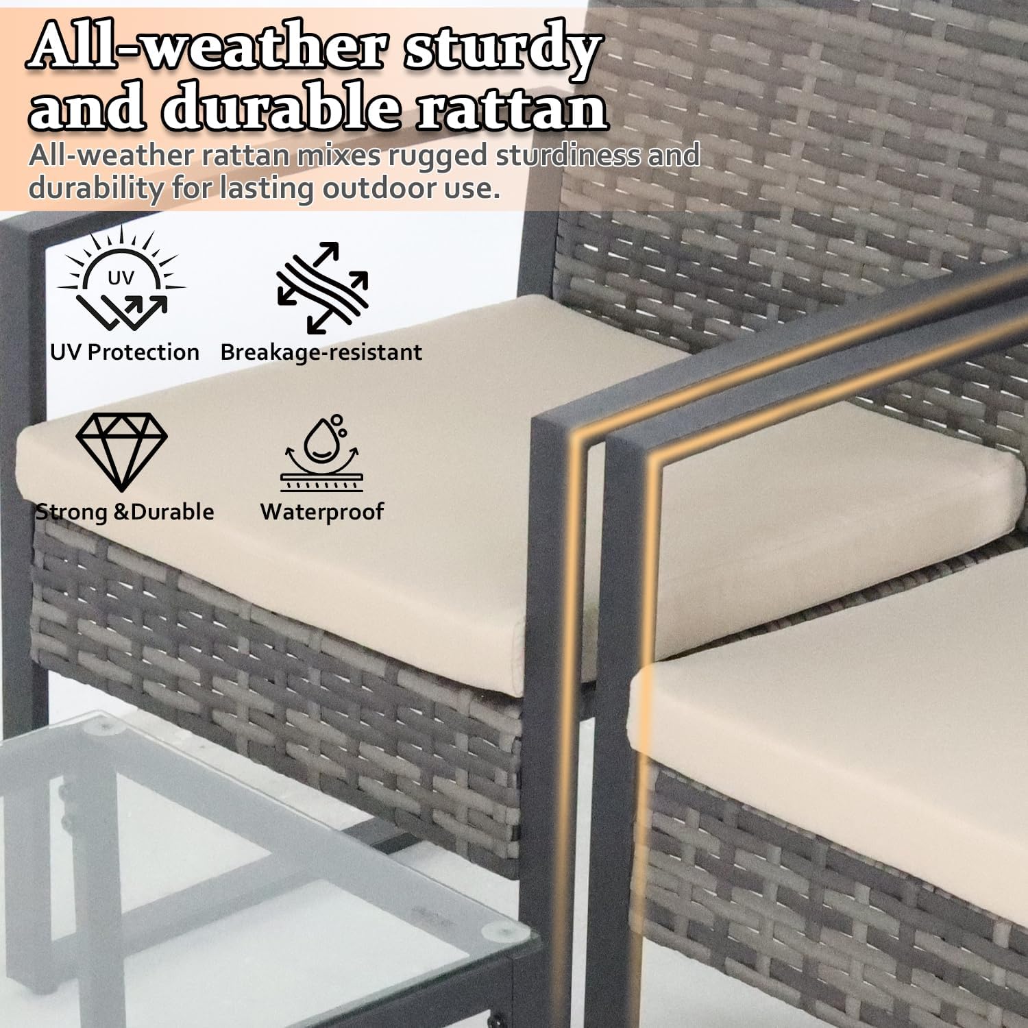 3-Piece Outdoor Patio Furniture Set, 2 PE Rattan Wicker Chairs with Beige Cushions & Glass Side Table, All-Weather Conversation Bistro Set for Backyard, Balcony, Deck (Gray-Black)