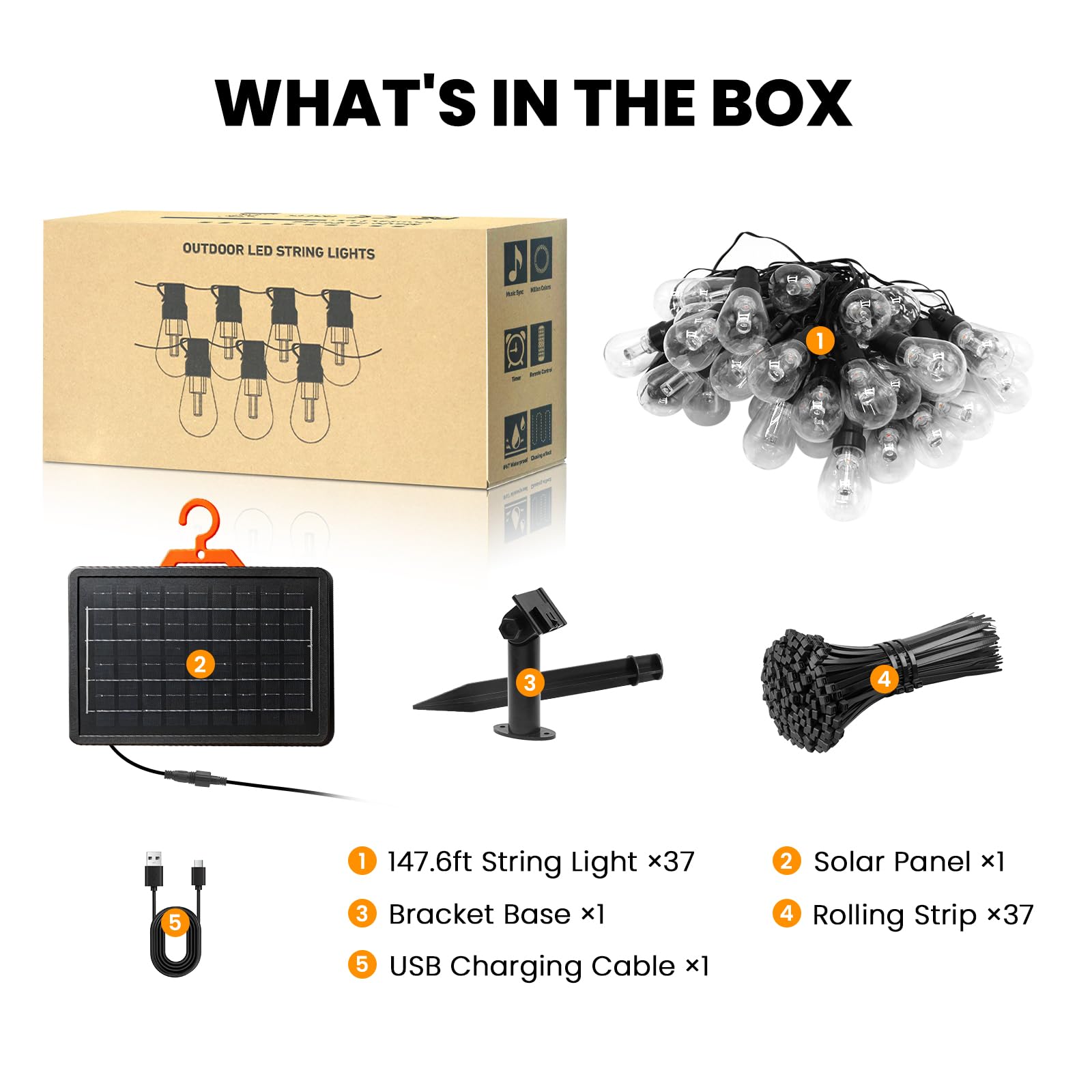 24V 7200mAH Lámpara solar LED de bombilla para exteriores [37 LEDs/45M, blanco cálido], luz de jardín impermeable IP67, 8 modos, bombilla de PC irrompible con gancho en S