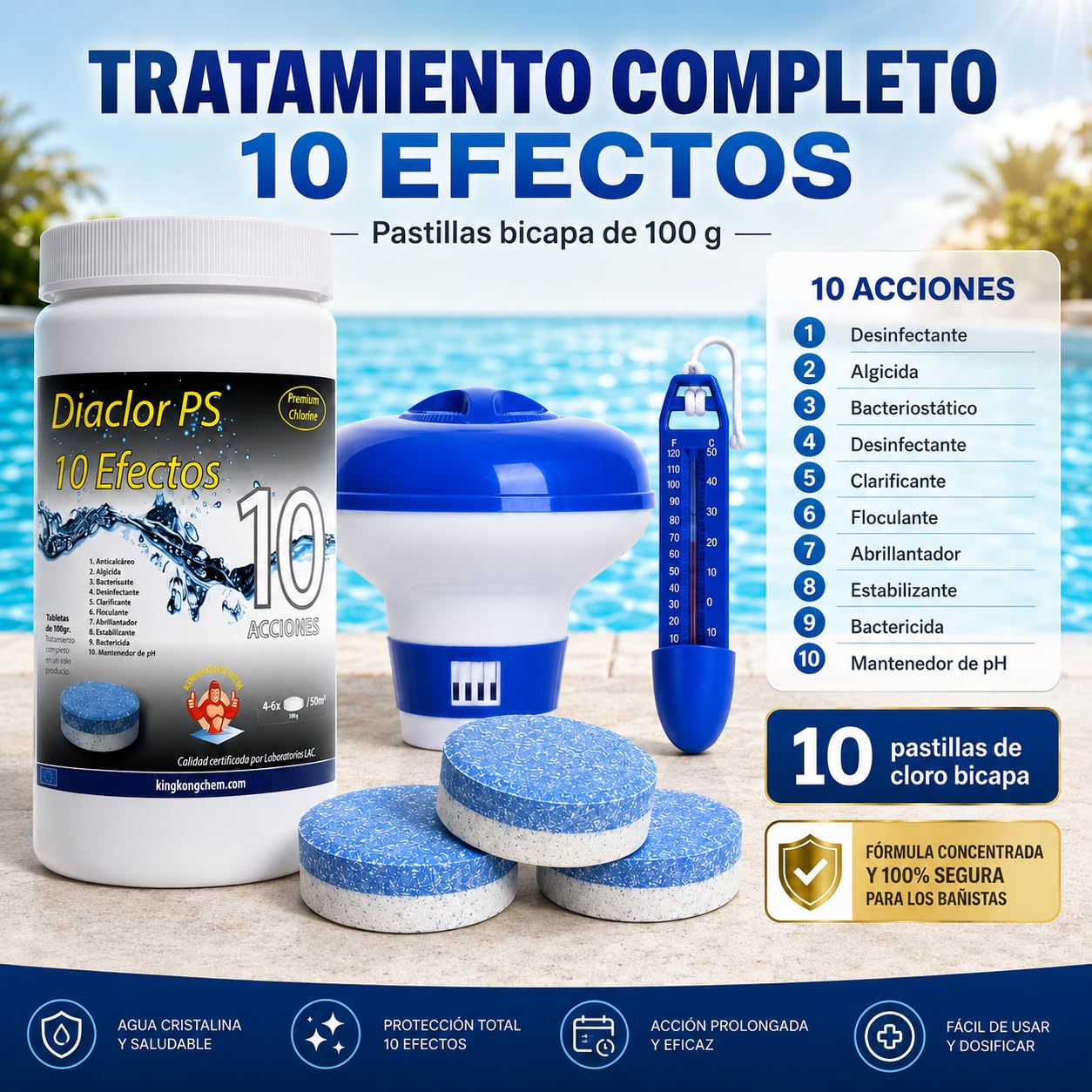 Kit Cloro Piscinas pequeñas DIACLOR PS 10 Efectos 1 KG (Pastillas 100 GR) Tratamiento Completo + DOSIFICADOR Grande + TERMÓMETRO