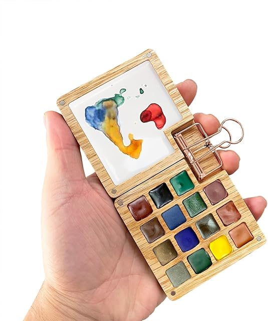 15 Color Portable Sketchbook Palette, Wooden Colour Palette Box, Watercolours / Poster Colours for Painting, Travel Paint Case, Tray, Gift for Painters, Mixing Tray, Come with a Clip (Without Colors)