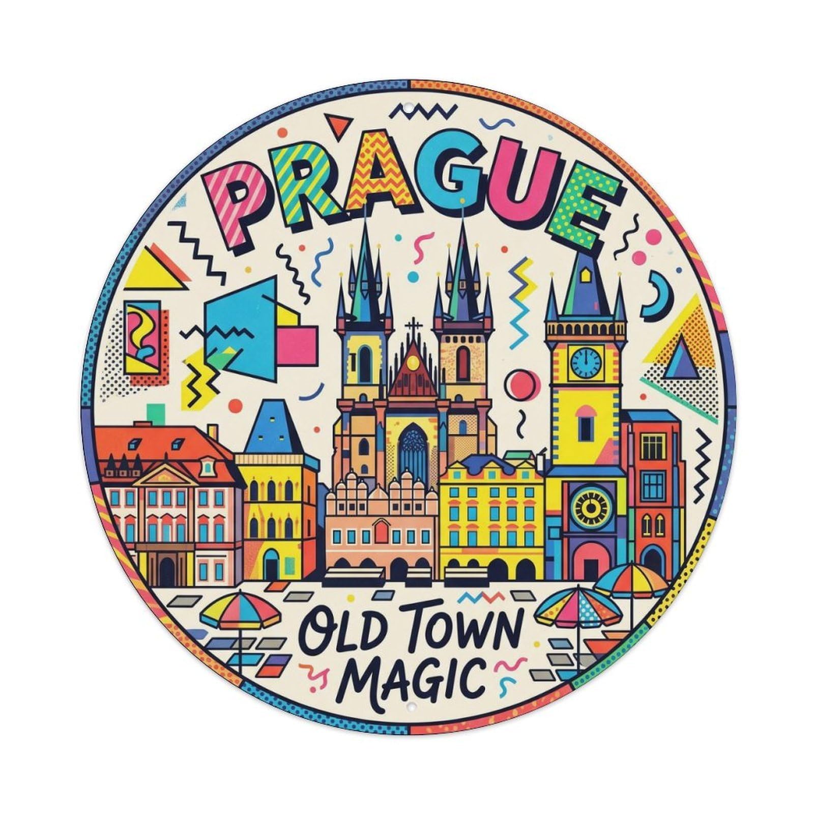 Yrnq Vintage Style Vintage Travel Prague Square Europe Vintage Metal Tin Sign Plaque Wall Decor For Cafe, Club, Garden Round Metal Poster 8X8inch