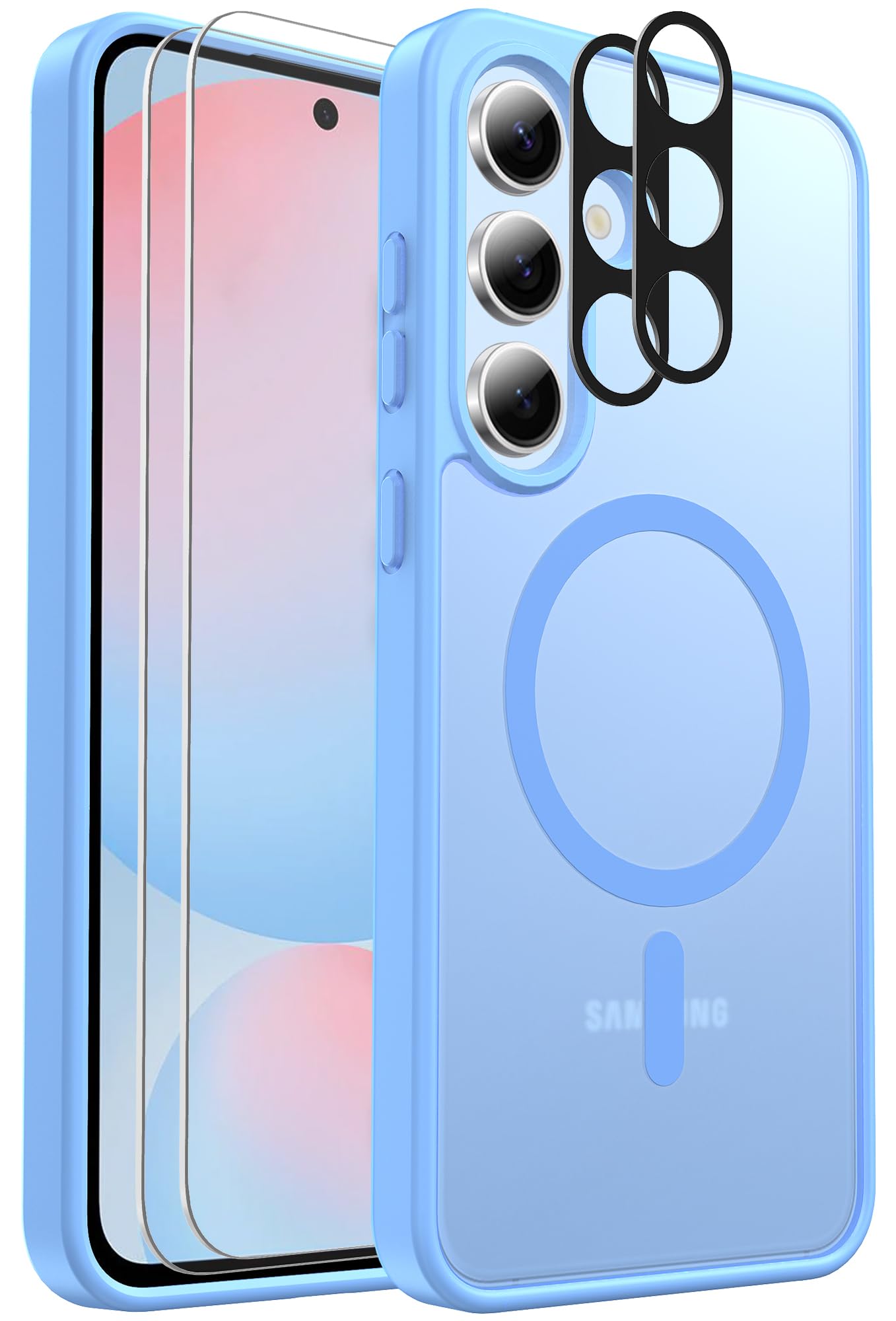 for Samsung Galaxy S24 FE Case Magnetic Shockproof, [Fit for MagSafe] [Glass Screen Protector + Camera Lens Protector] Translucent Anti-Fingerprint