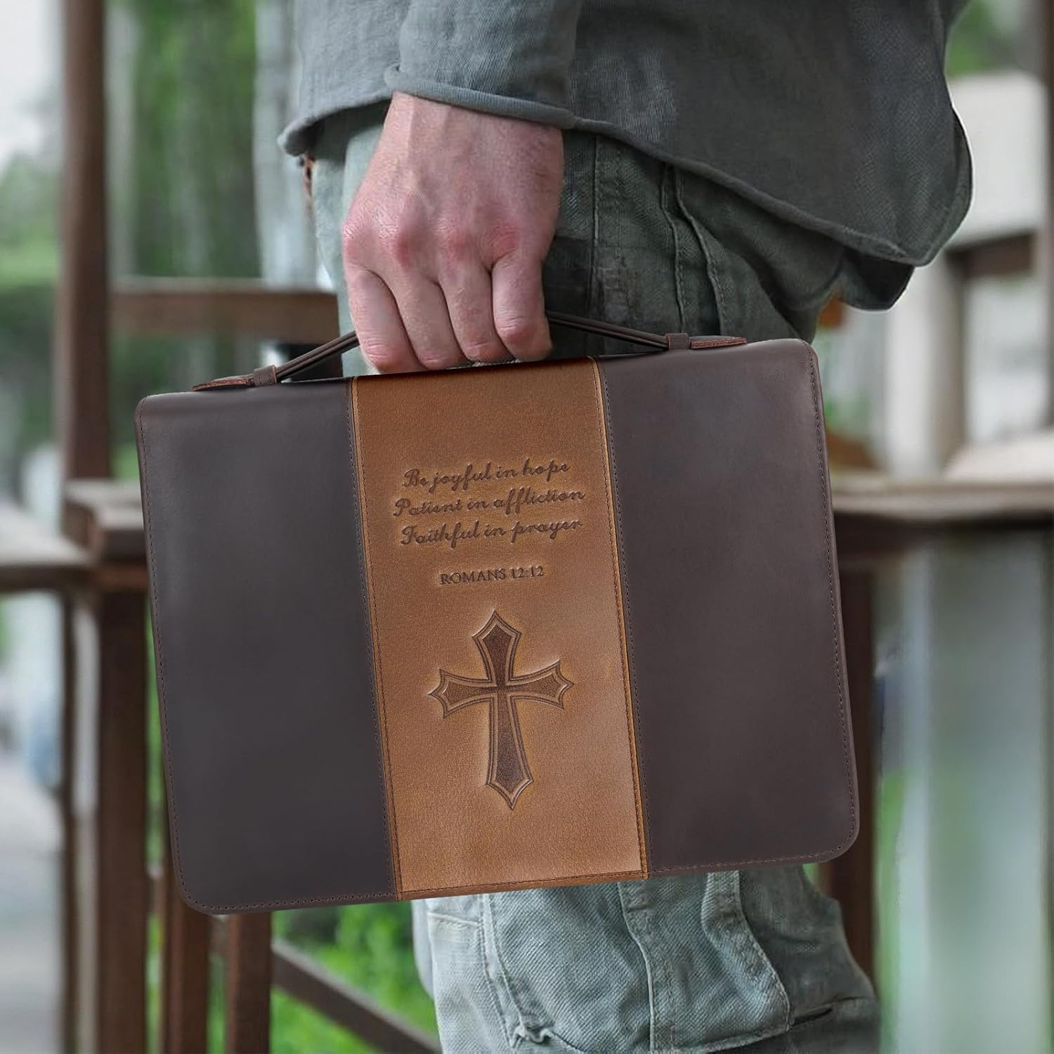 Polare Full Grain Leather Bible Case Book Protective Holder Bible Cover Church Bag Christian Religious Carrying Organizer Portfolio for Men (Dark Brown & Brown, Large)