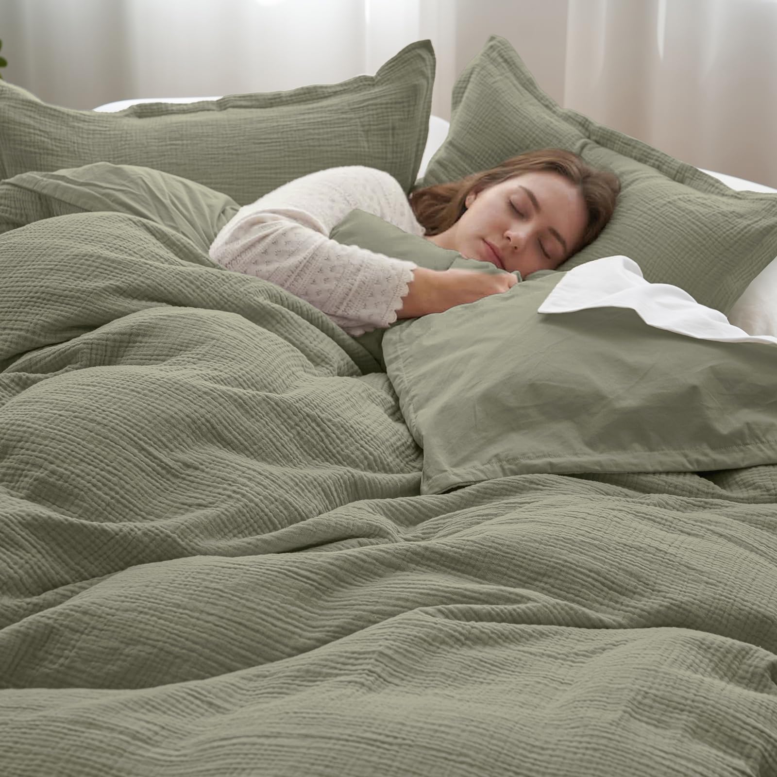 phf cotton muslin duvet cover king size, 3-layer ultra-soft lightweight breathable guaze, skin-friendly minimalist comforter cover set for all season, with 2 pillow shams, 104"x90", dusty sage