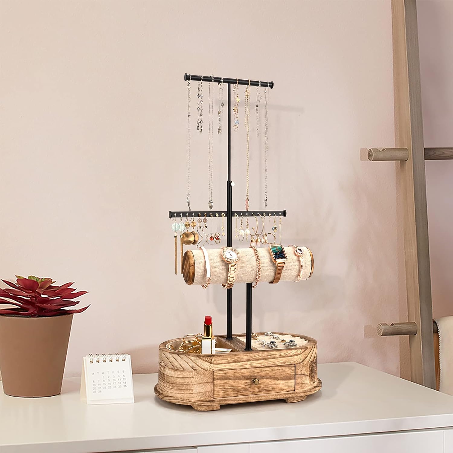 Emfogo Jewelry Organizer Tree Stand Wood Basic Jewelry Drawer Storage Box with Double Rods & 3 Tier Jewelry Holder Bracelet Organizer Necklaces Earring Ring Display(Carbonized Black) : Clothing, Shoes & Jewelry