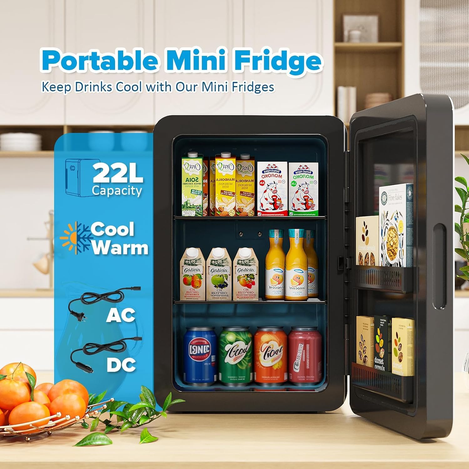 MoraRise 22L Mini Fridge for Bedrooms, 30 Cans Portable Cooler & Warmer Small Fridge, AC/DC Powered, Adjustable Shelves, Home Office, Car, Dorm, Travel, Cosmetics, Skincare, Drinks (Black) — view 2