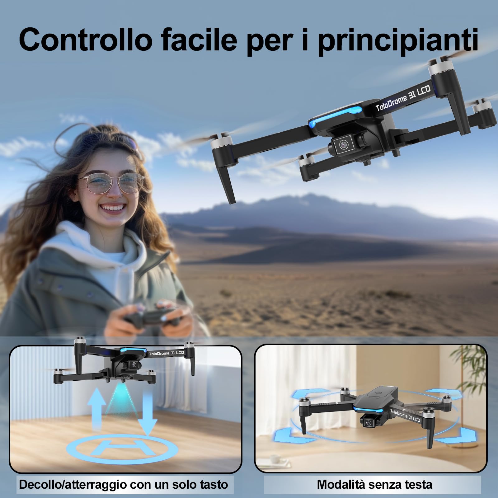 Toladrone Drone con Telecamera, Drone con Motore Brushless Drone RC con Telecamera Regolabile Motorizzata, Telecomando con Schermo LCD, Drone FPV Pieghevole RC Quadcopter per Adulti TD31LCD Drone