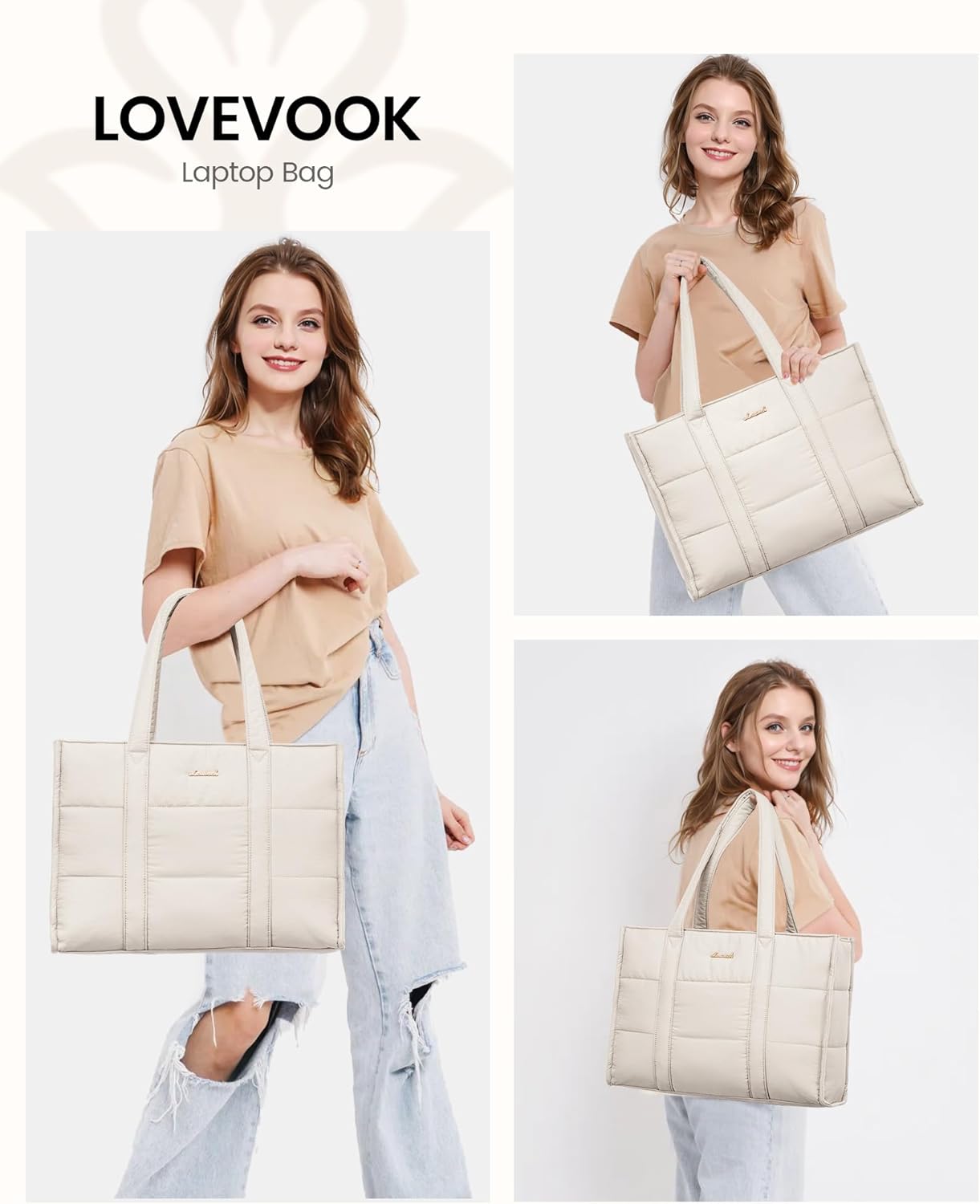 LOVEVOOK Laptop Bag for Women, Puffer Tote Bag for Work 17 Inch Large Computer Briefcase for Teacher Nurse, Quilted Lightweight Casual Shoulder Bags For Travel, Daily - Image 2